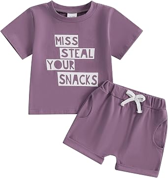 Kupretty Baby Girl Summer Clothes Letter Printed Short Sleeve T-shirt Tee Tops + Solid Shorts Toddler Clothing Set