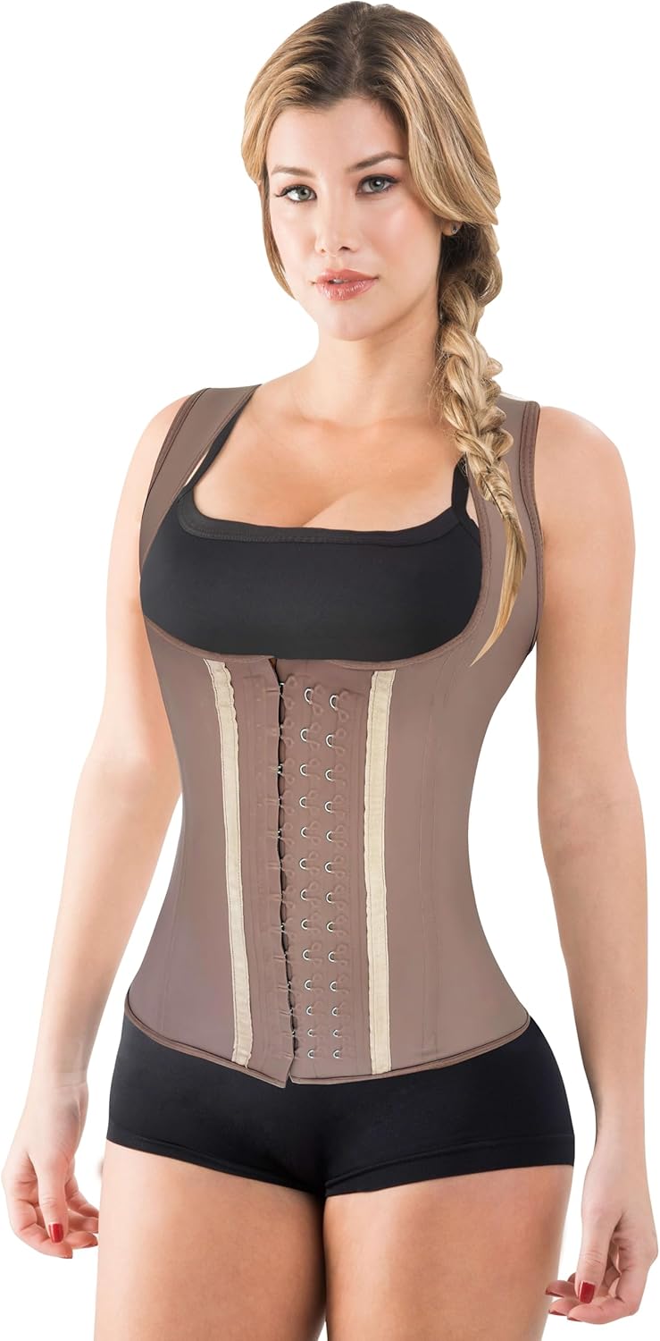 Fiorella Shapewear Fajas Colombianas Reductoras Chaleco Latex | Waist Cincher Trainer Vest Corset | 3 Hooks Cocoa 212C3