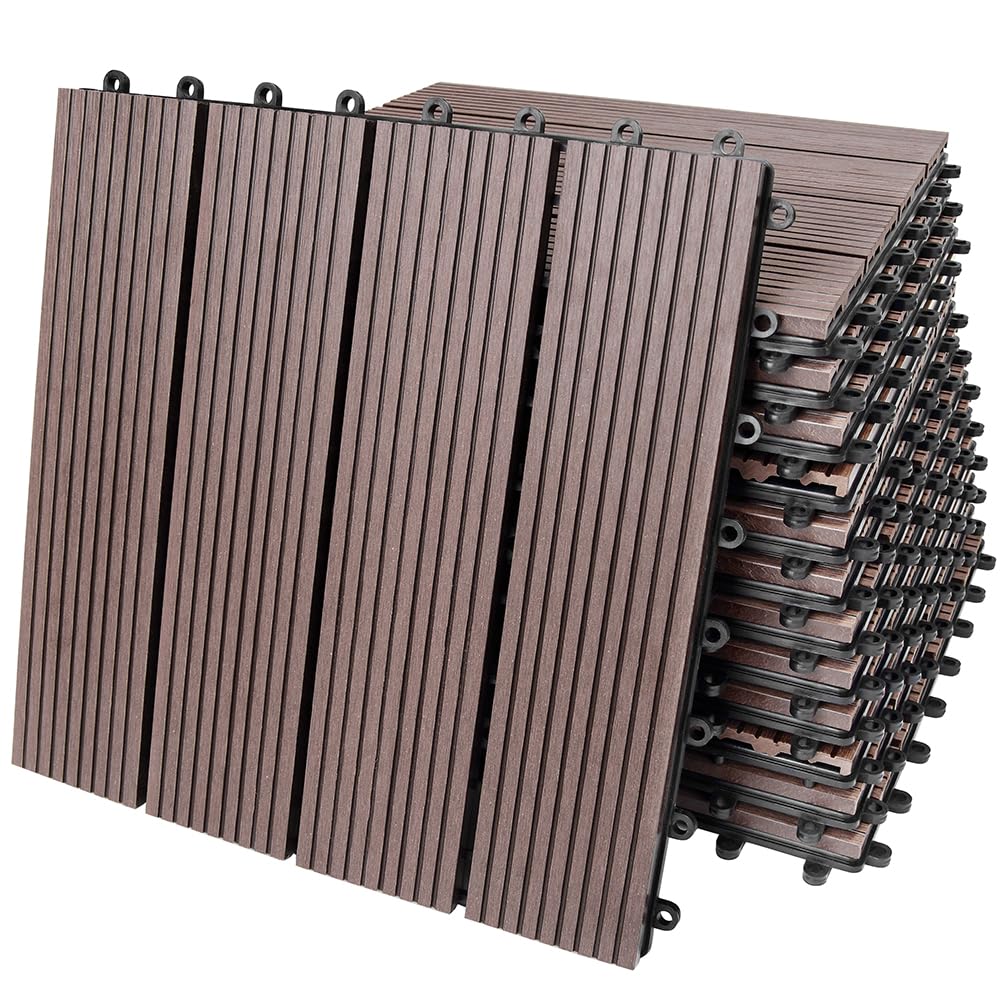 BAKAJI Set 11 Pezzi Piastrelle in WPC da Giardino con Sistema di Drenaggio Acqua, Pavimento Piastrella Resistente Agli Agenti Atmosferici Ideale per Esterno, Patio, Balcone, Terrazzo (Tortora)