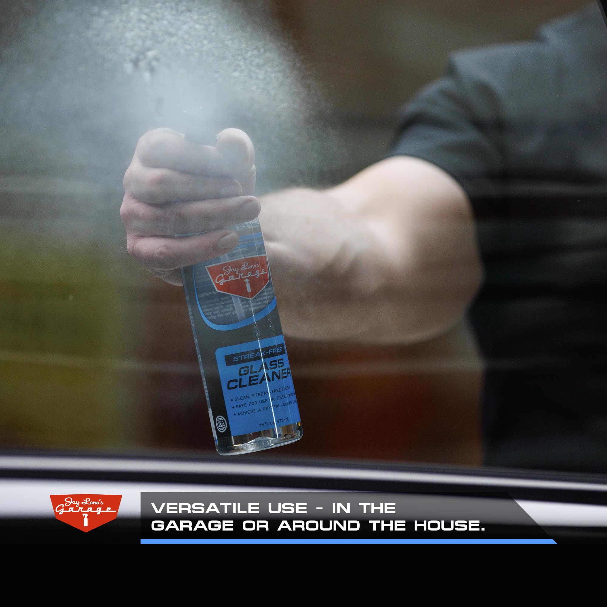 Jay Leno's Garage Glass Cleaner Spray – Streak-Free Auto Glass Cleaner for Cars, Automotive Window Cleaner for Car Windows, Windshields & Mirrors, Tint-Friendly Interior & Exterior Glass – 16 oz