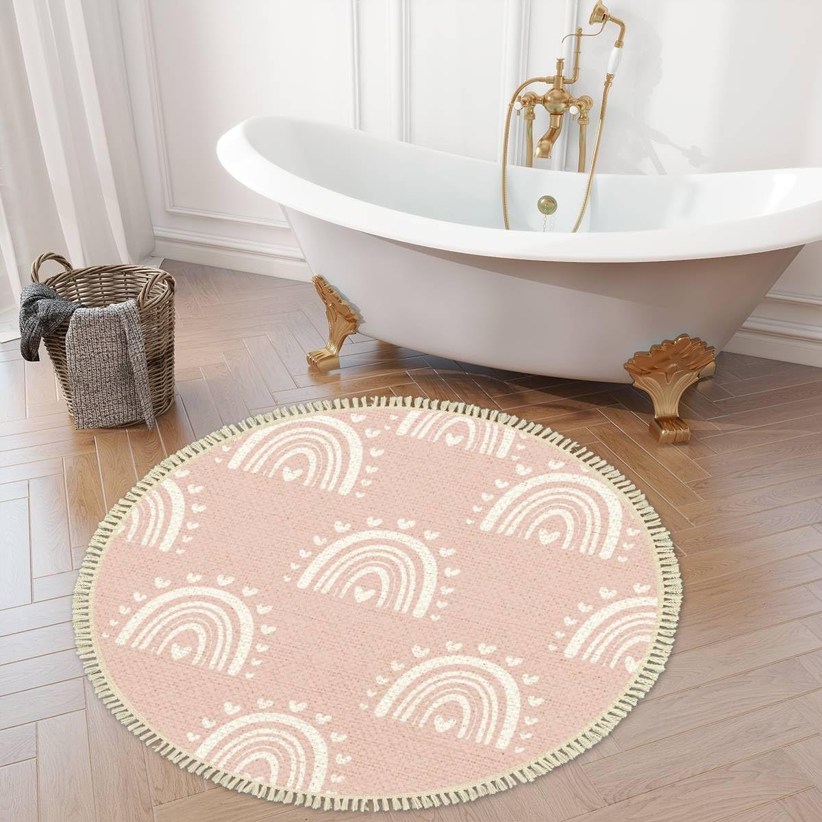Round Boho Rug Kids Hand Drawn Seamless with Pink Pastel Rainbows Summer for Baby Area Linen Carpet Patio Hallway Runner Mat Pad Minimalist Home Decor Living Room Outdoor, Multi, 4 ft