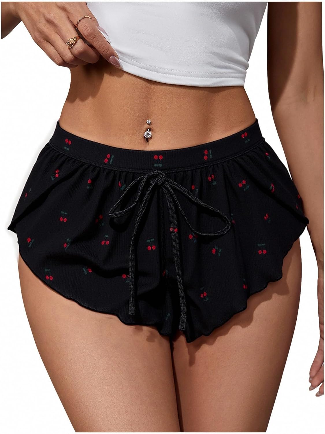 MAKEMECHIC Women's Pajama Bottoms Floral Print Plaid Tie Front PJ Shorts Slit Hem Cherry Summer Lounge Shorts