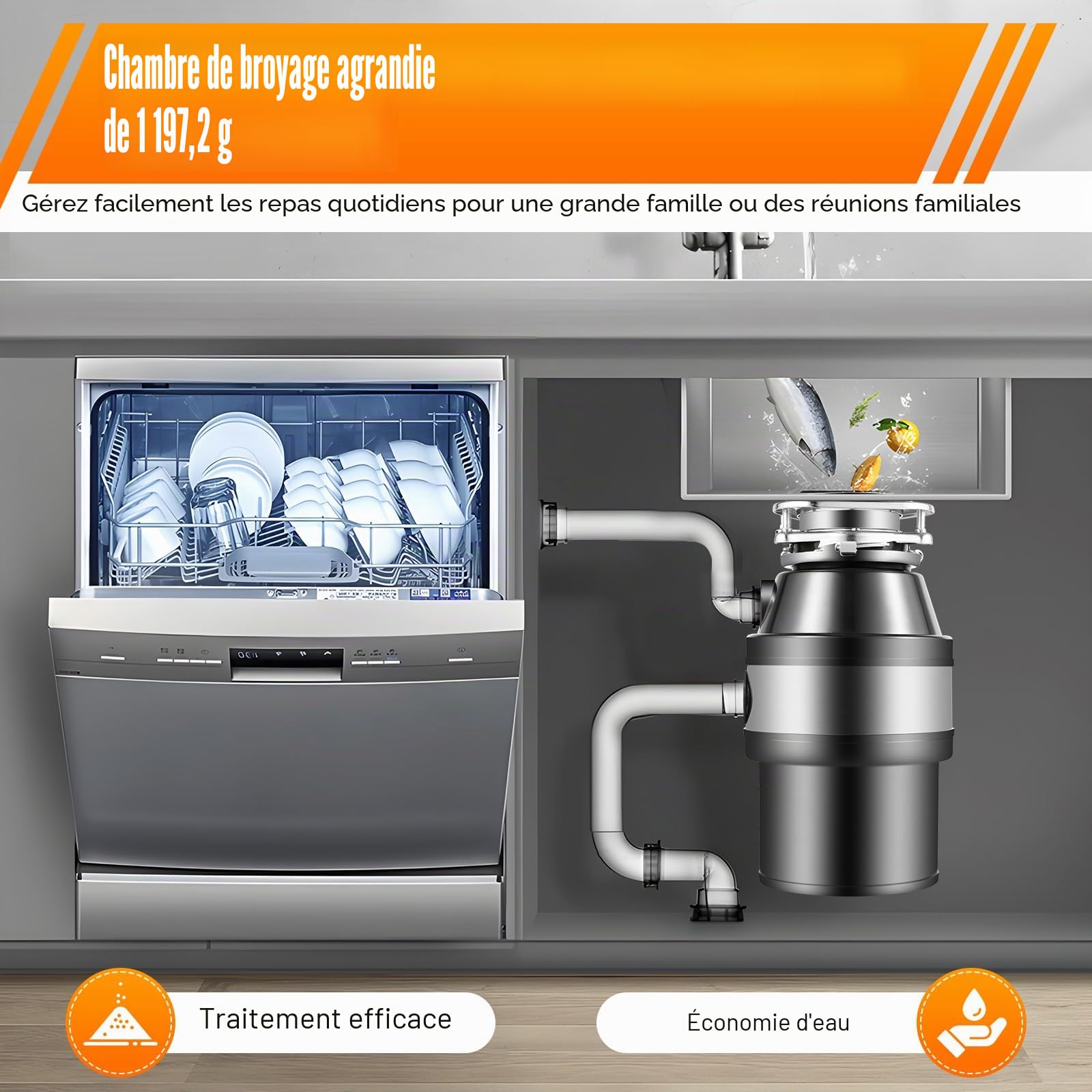 Broyeur d'Évier en Acier Inoxydable pour Déchets Alimentaires, Restes, Cuisine, Salle de Bain, Dissipateur de Résidus Alimentaires pour la Maison, Traitement Antibactérien et