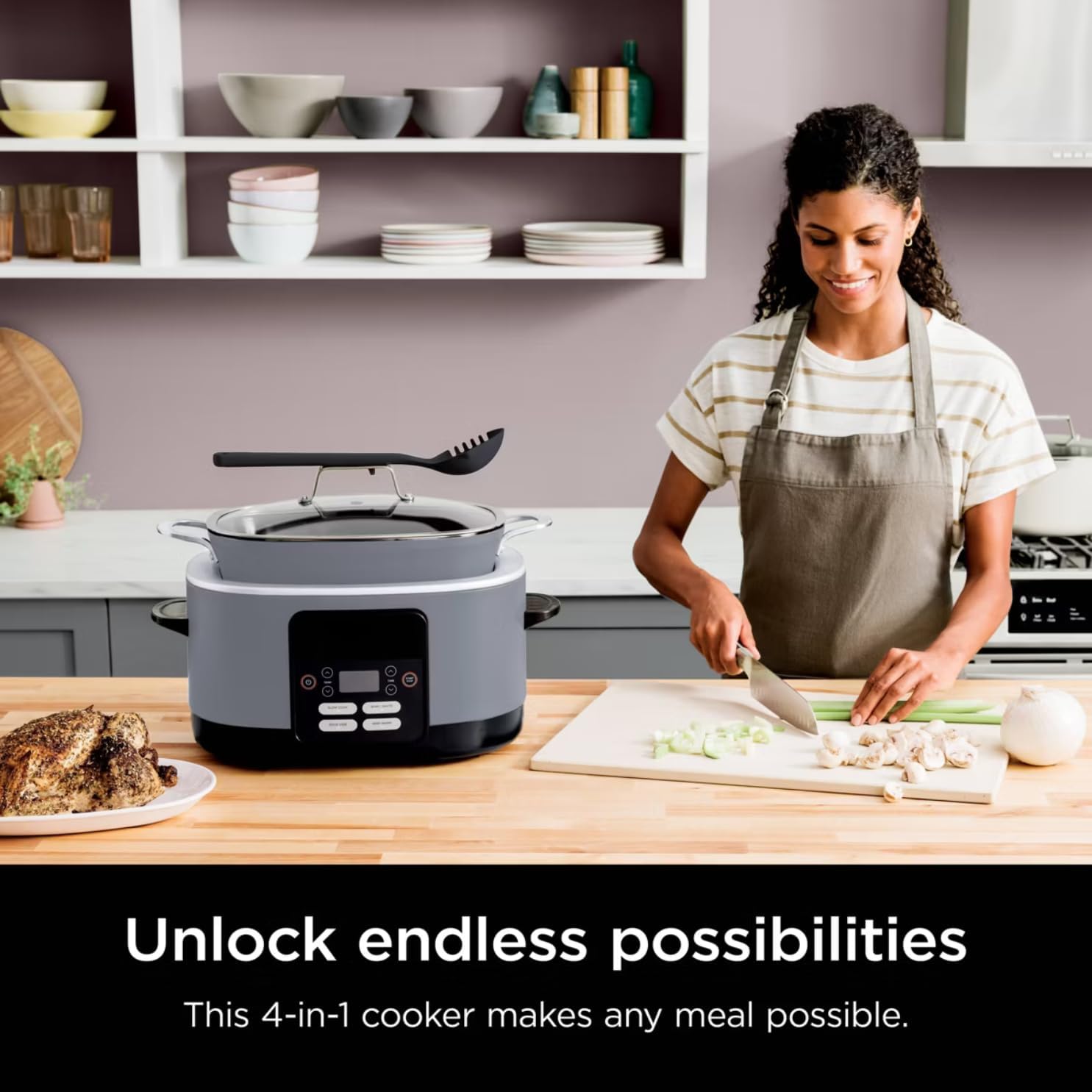 Foodi Possible Cooker, 8.5 Quart, 6-in-1 Multi-Cooker, Slow Cooker, Steamer, Glass Lid Integrated Cooking Utensil, Nonstick, Oven Safe Pot to 500°F, MC1000WM (Sea Salt Grey)
