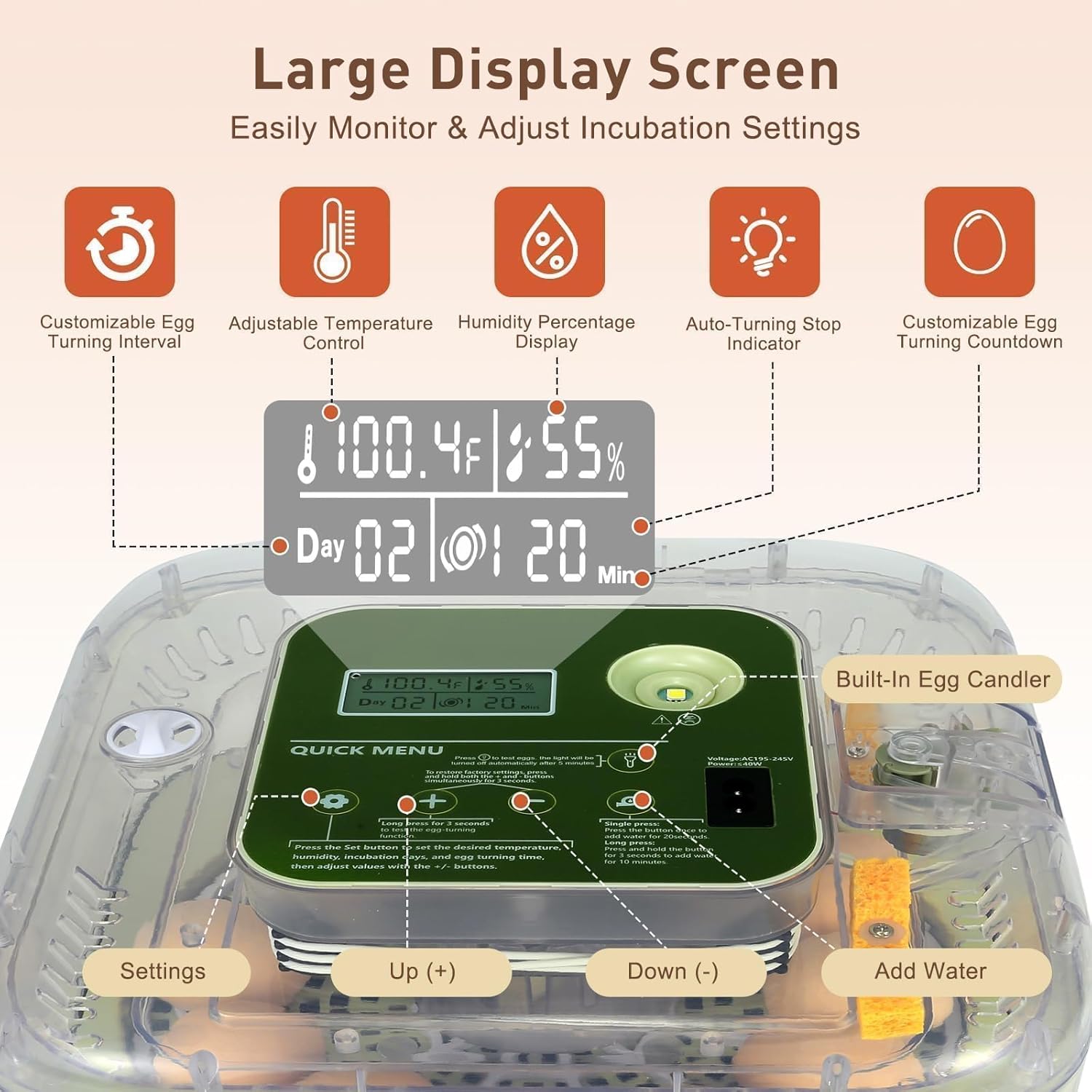 Series IV - 12 Egg Fully Automatic Incubator, Low Maintenance, Intelligent Sensor-Based Precise Humidity & Temp Control, Custom-Interval Auto Turn & Auto Stop, Preset Incubation Days, Candler, Alarms