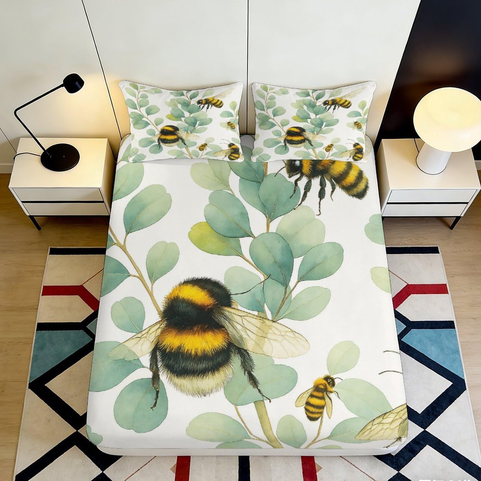 3D Printed Bumblebee Leaf Fitted Sheet Microfiber Soft Anti-Slip Mattress Cover for Bedroom Guest Room Decor 120x200cm 140x200x25cm