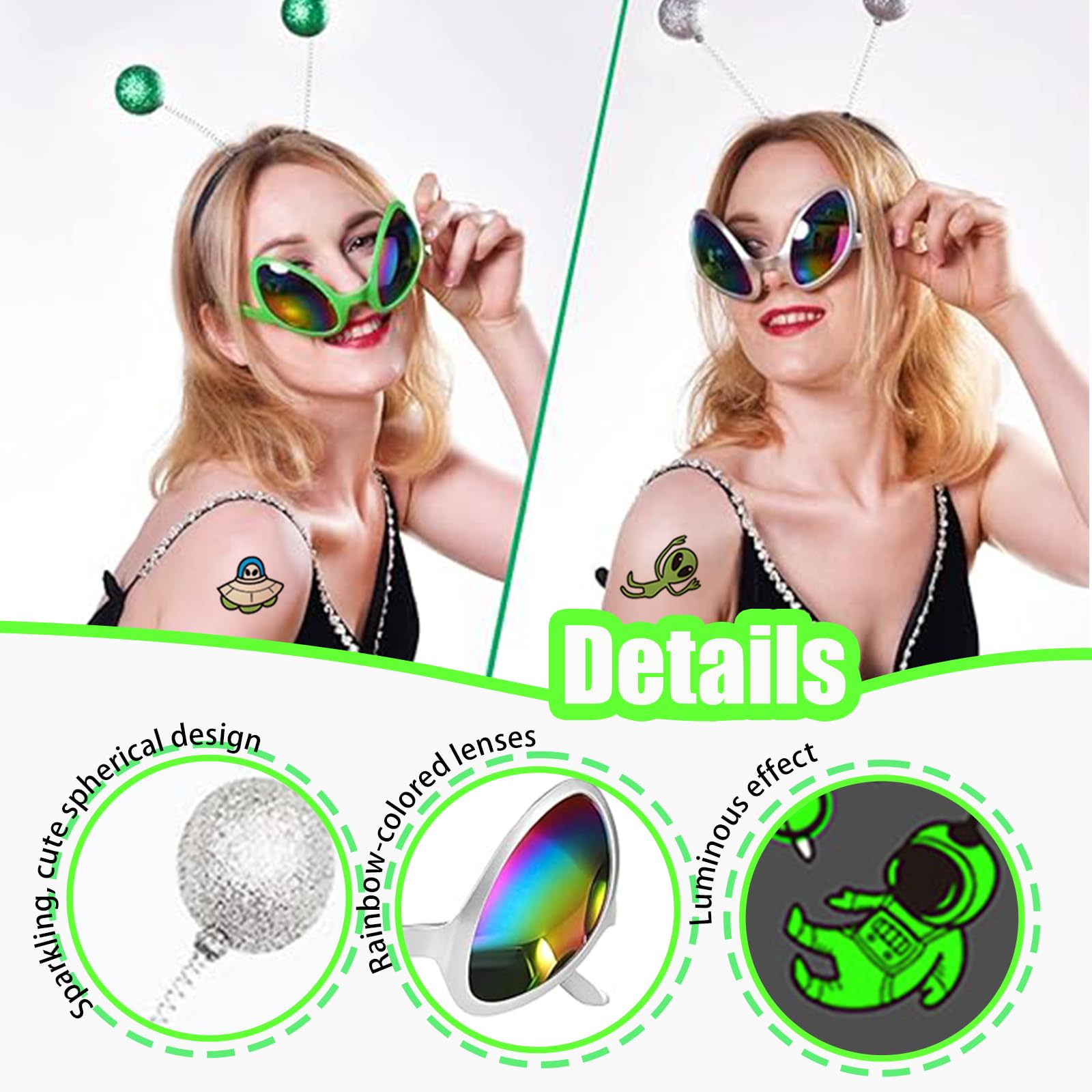 XoeLLe 2 Pieces Alien Headband 2 Pieces Alien Glasses Tattoo Sticker Rainbow Lens Sunglasses Antenna Hairband Shading Mirror Novelty Costume Party Favors Accessories for Adult Halloween - Image 3