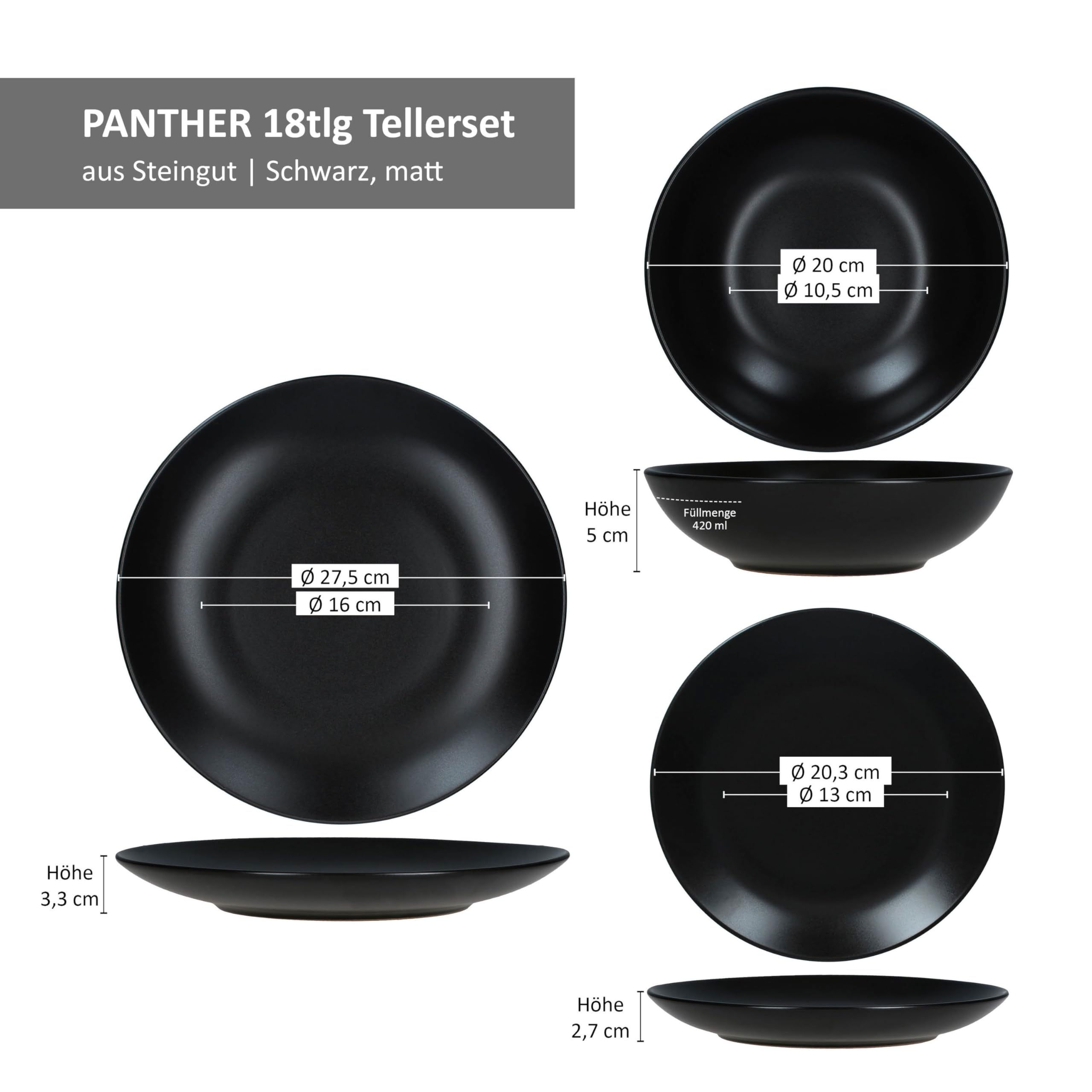 MamboCat Panther - Set di 18 Piatti in Gres Opaco per 6 Persone: 6 Piani, 6 Fondi da 420 ml e 6 da Torta, Dessert e Profondi