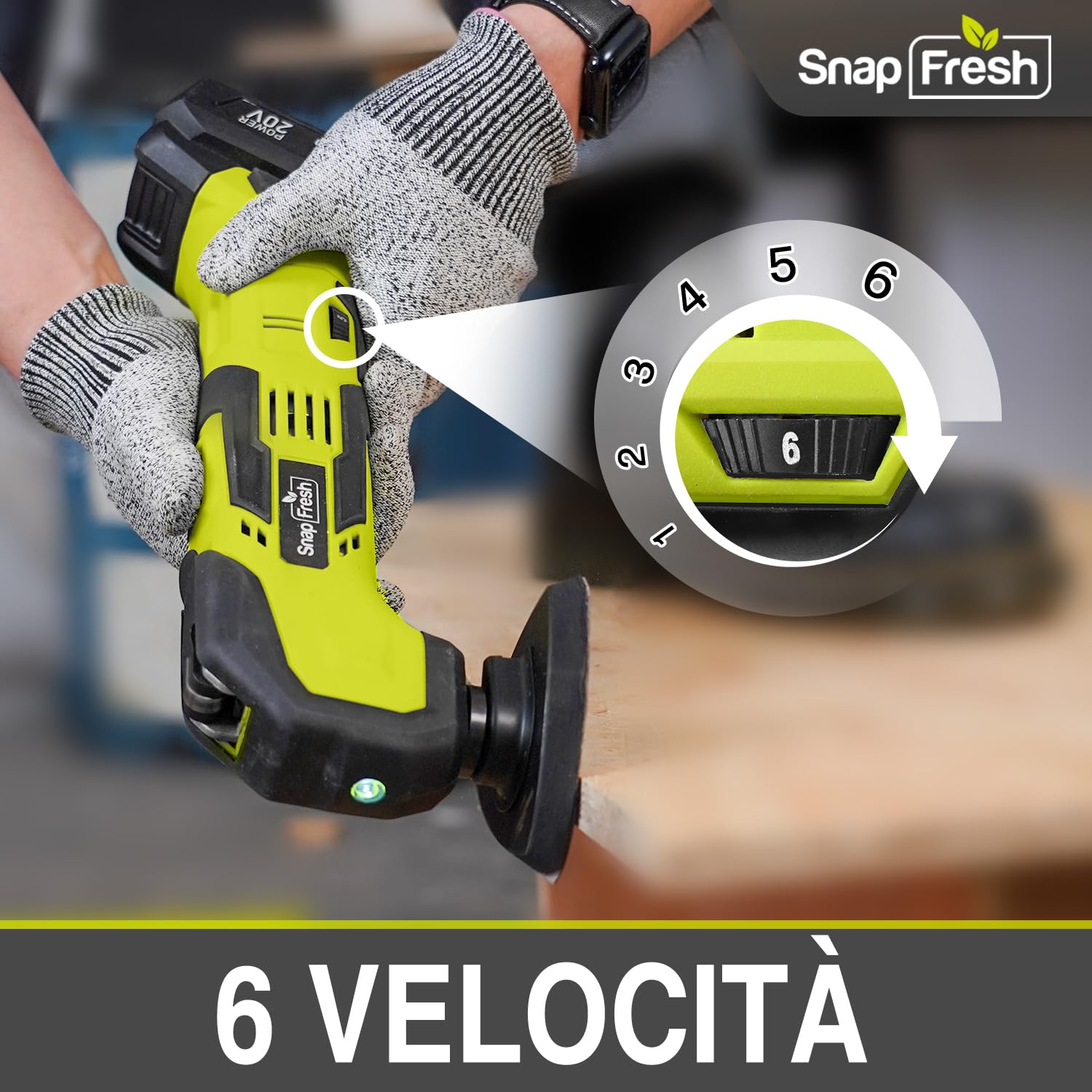 SnapFresh Utensile multifunzione a batteria Strumento oscillante kit senza fili 20V 6 velocità 5000-18000 OPM, angolo di oscillazione di 3,2 °, 22 accessori multitool multi-cutter sega oscillante