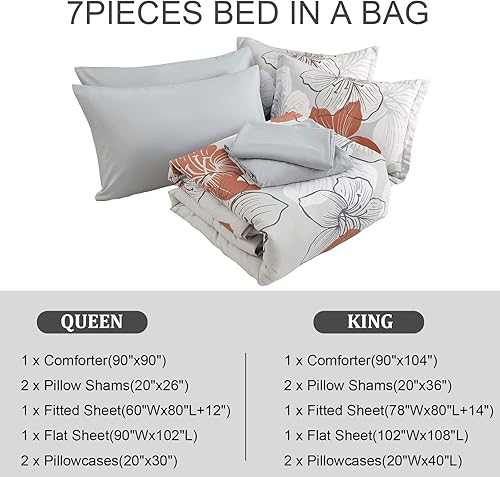 Miniatura 7 de Juego de edredón floral tamaño King, estampado floral terracota en gris claro, microfibra suave de 7 piezas cama en una bolsa (1 edredón, 2 fundas