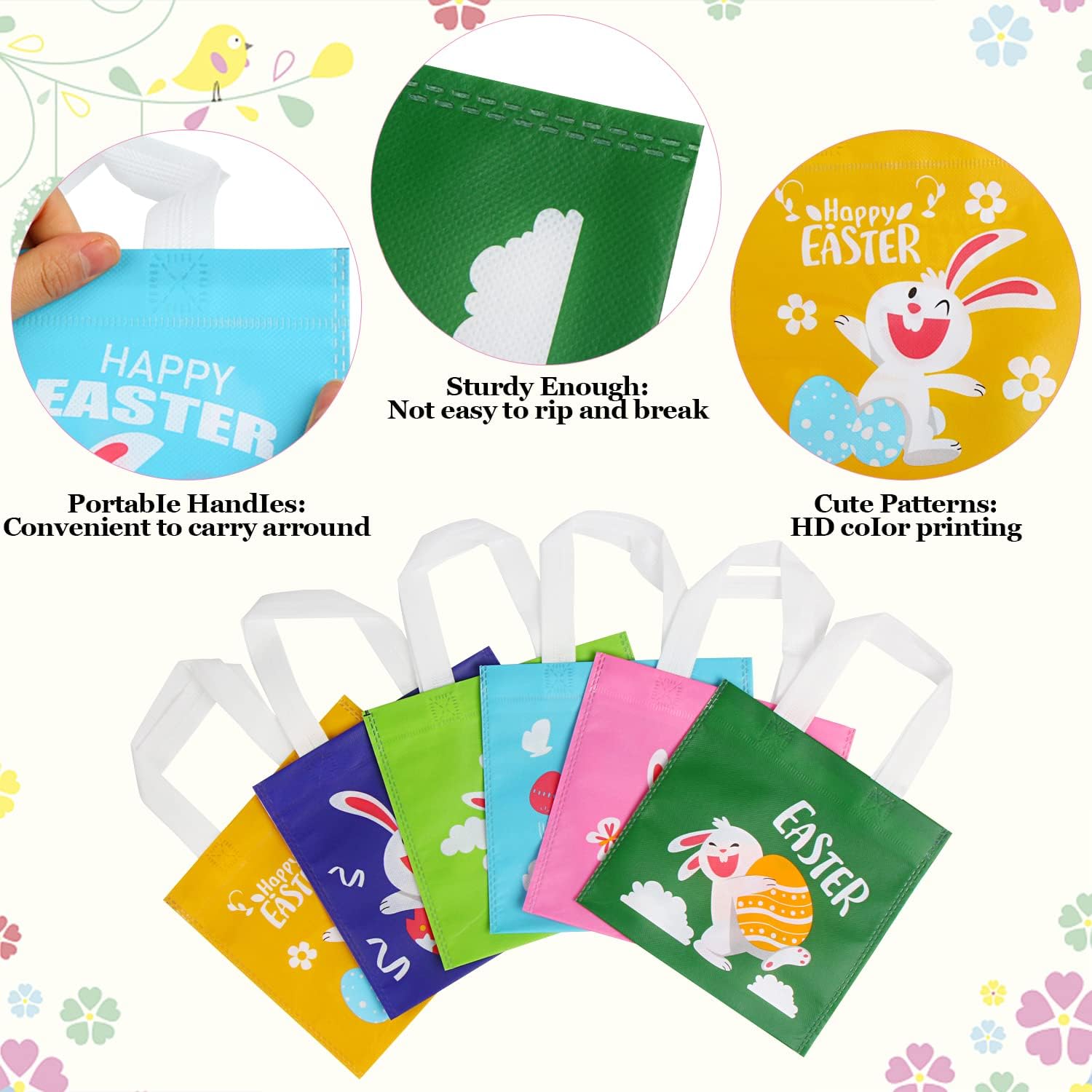 DERAYEE 24Pcs Easter Tote Gift Bags, Easter Non-Woven Candy Bags Treat Goody Bags with Handles for Easter Egg Hunt, Easter Party Favor Supplies - Image 3