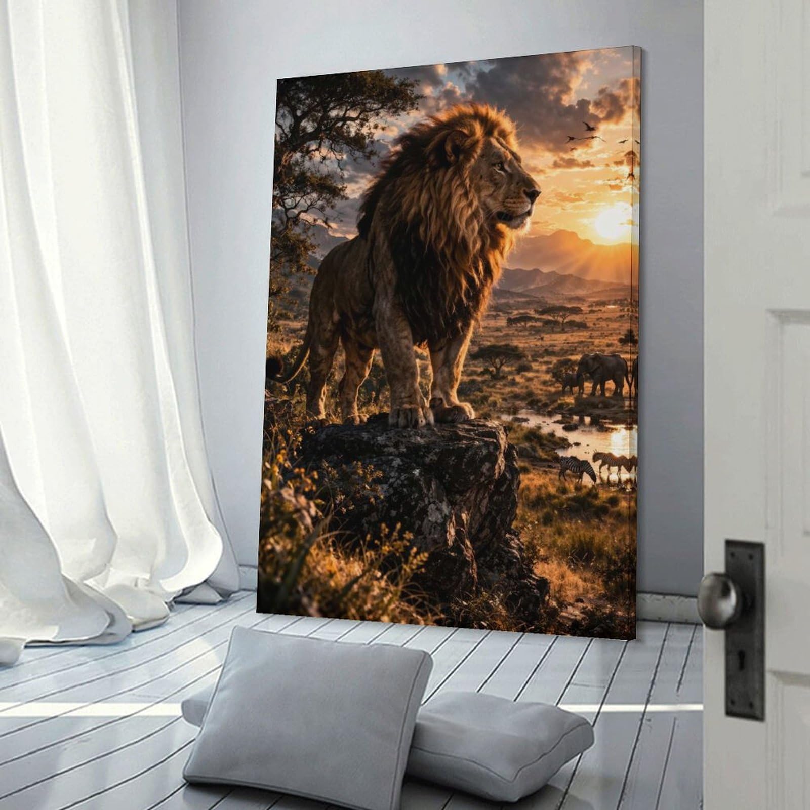Junmoney Frame-Style-15 Wall Picture Print Majestic Lion On Cliff At Sunset, 08X12inch(20X30cm), For Contemporary Homes, Apartments Or Offices, Decorative Canvas Decor For Home Updates