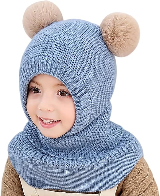 MAMUNU Kids Winter Warm Hat Scarf, Warm Knitted Hood Hat with Double Pom Pom Design, Earflap Beanies Caps with Fleece Lining for Toddlers Girls Boys