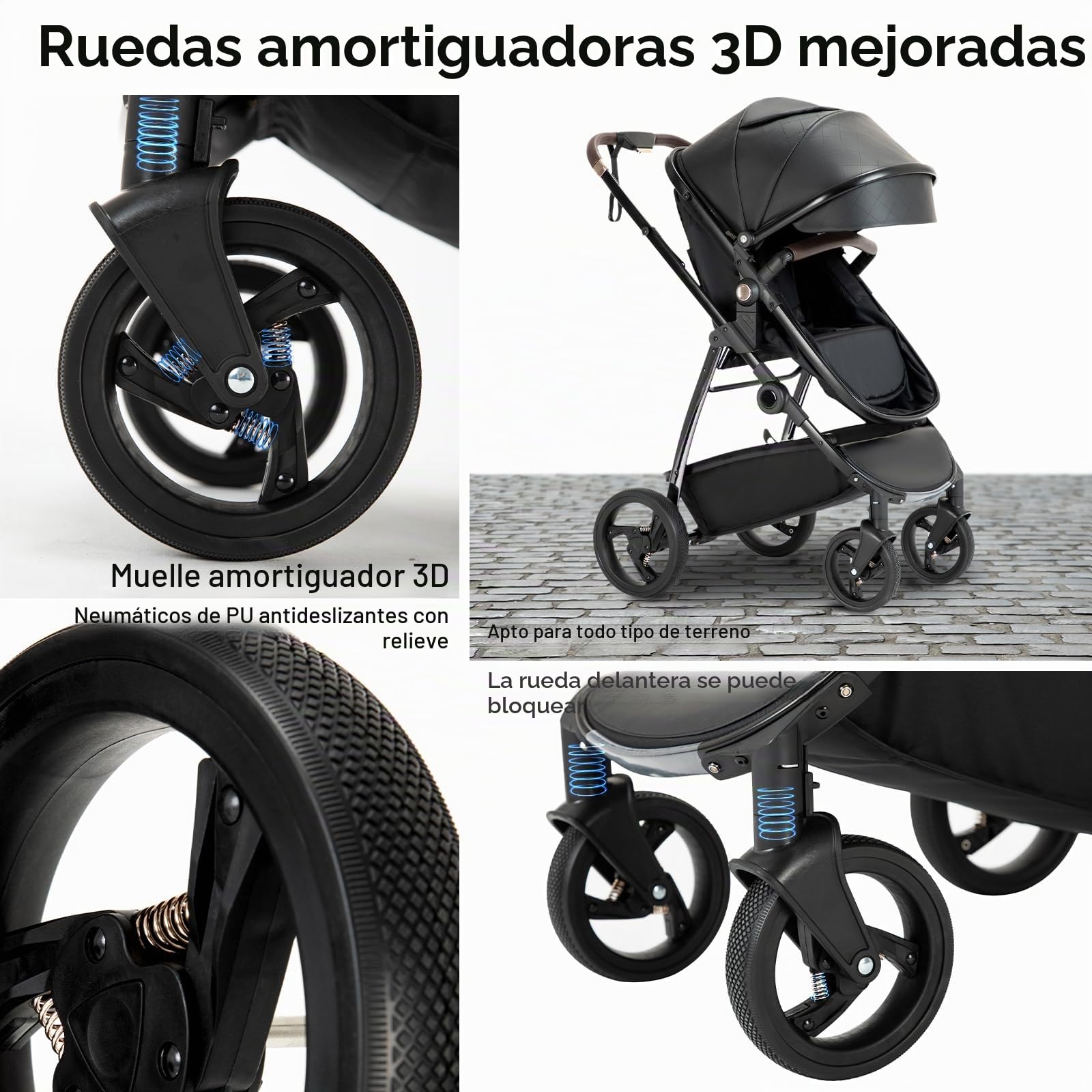 Cueros Cochecito Combinado 3 en 1, Cochecitos Citadines con asiento de coche ECE R129, cochecito portátil plegable con un clic, capazo flexible convertible marco de aluminio para recién