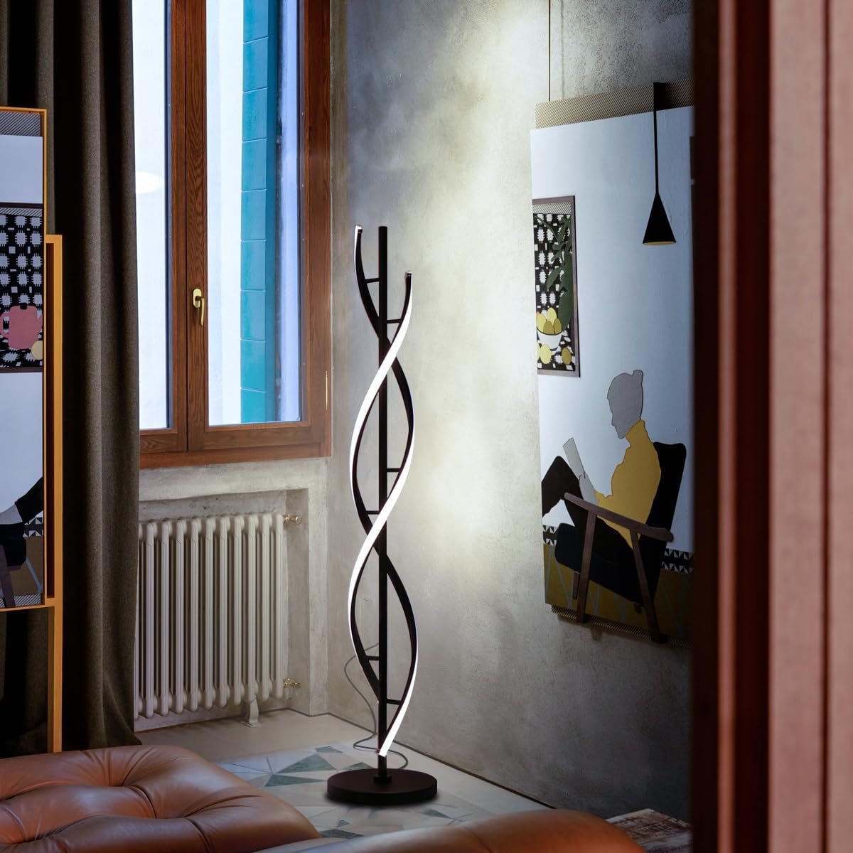 LED Floor Lamp with Remote Control, Black Spiral Dimmable Floor Lamp for Living Room Multi-Color Temperature Standing Lamp Brand