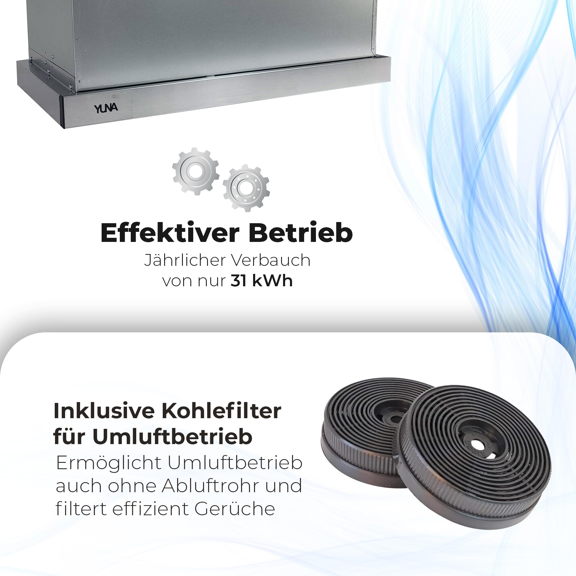 Yuna ALVA FS60B Dunstabzugshaube 60 cm 358 m³/h Edelstahl LED Umluft Abluft