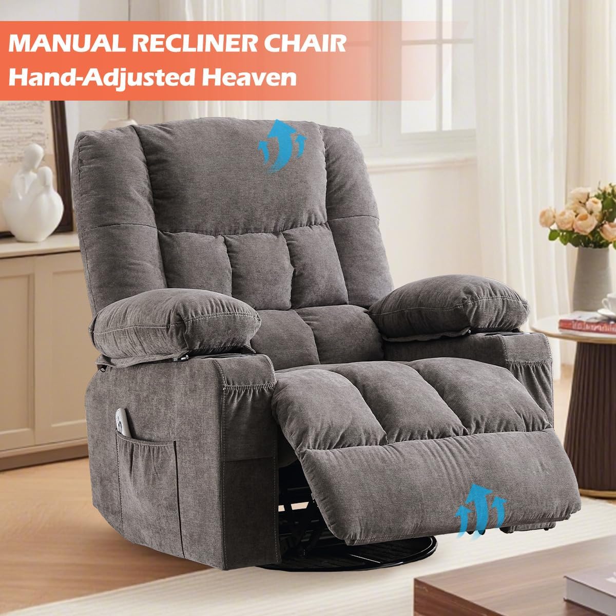 Recliner Chair with Cup Holders for Living Room Single Seat Manual Oversized Recliner with Ergonomic, Side Pocket for Adult