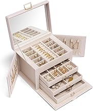 Vlando Grand boîtier à bijoux à 4 niveaux, boîtier à bijoux en simili cuir, boîtier à bijoux avec miroir et tiroirs, organisateur de bijoux, doublure intérieure en velours, couleur beige