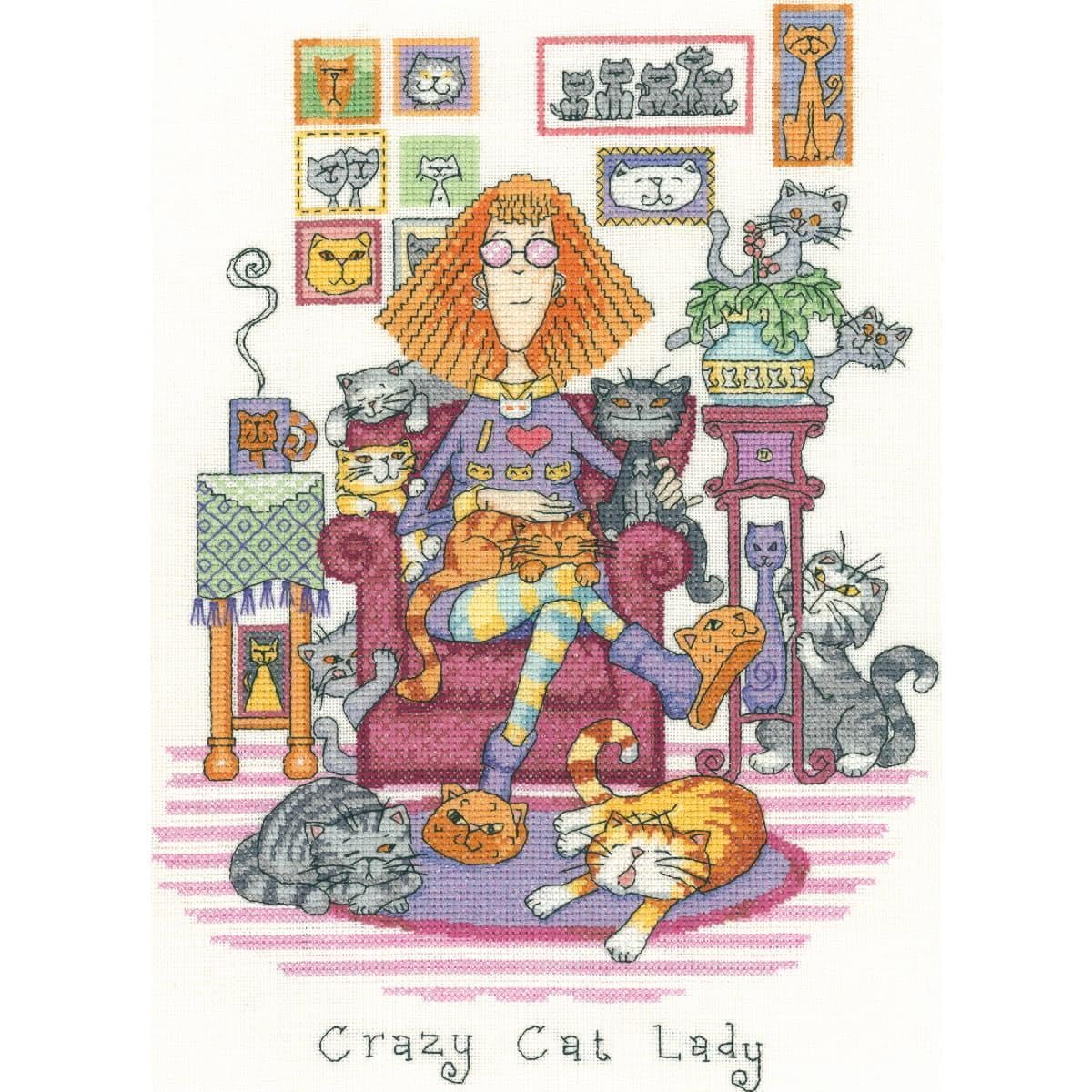 Heritage Crafts Crazy Cat Lady Cross Stitch Kit