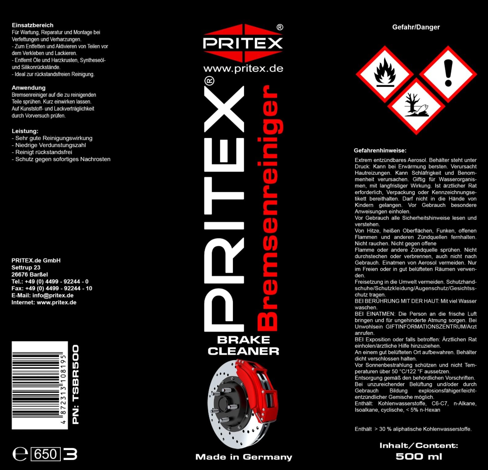 PRITEX – Bremsenreiniger Spray 48 x 500 ml – Auto Teilereiniger zur Entfettung von Bremsen, Kupplungen, Motor- & Maschinenteilen – rückstandsfrei & umweltneutral
