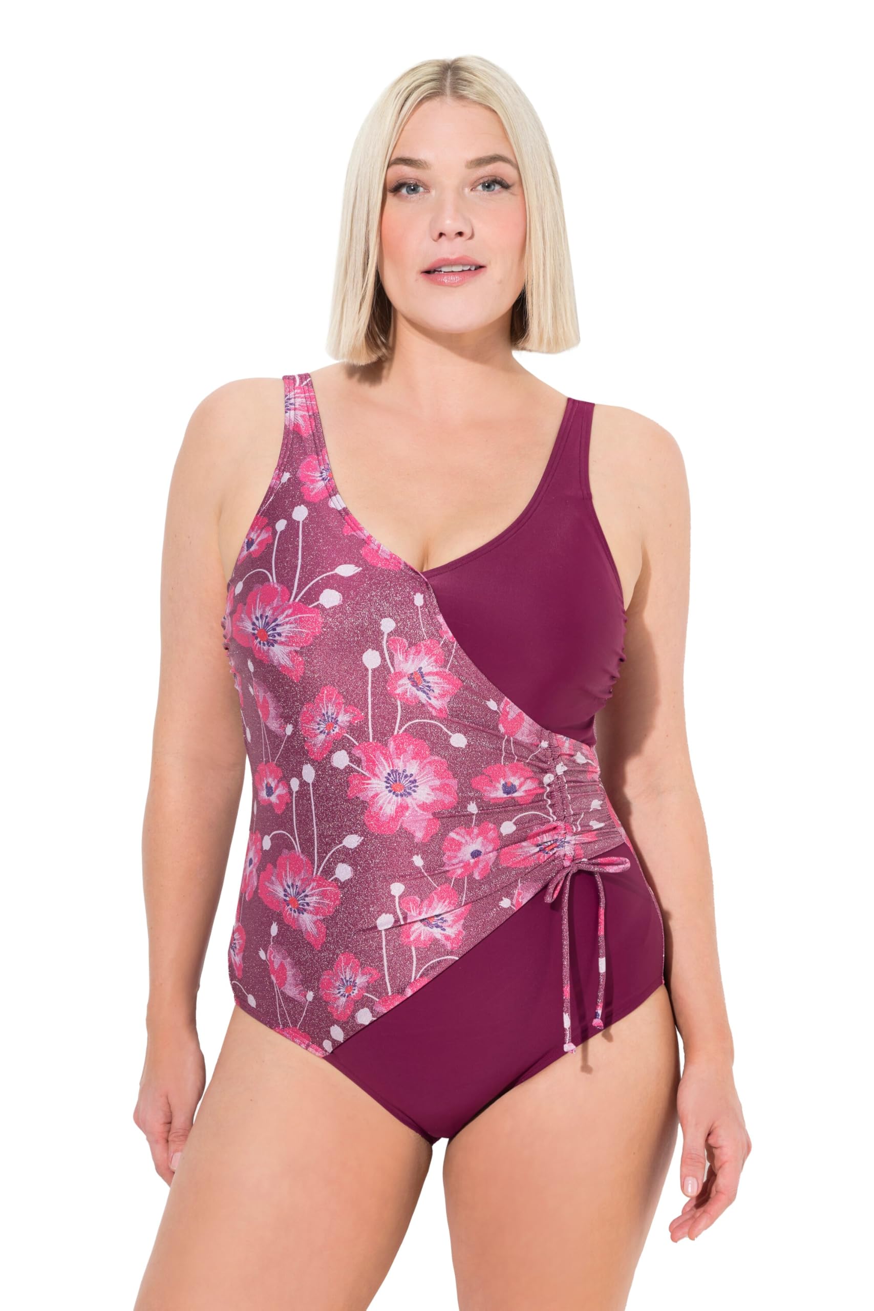 Ulla Popken Damen große Größen Übergrößen Plus Size Badeanzug, Glitzerblüten, Wickeloptik, Softcups, recycelt 835902