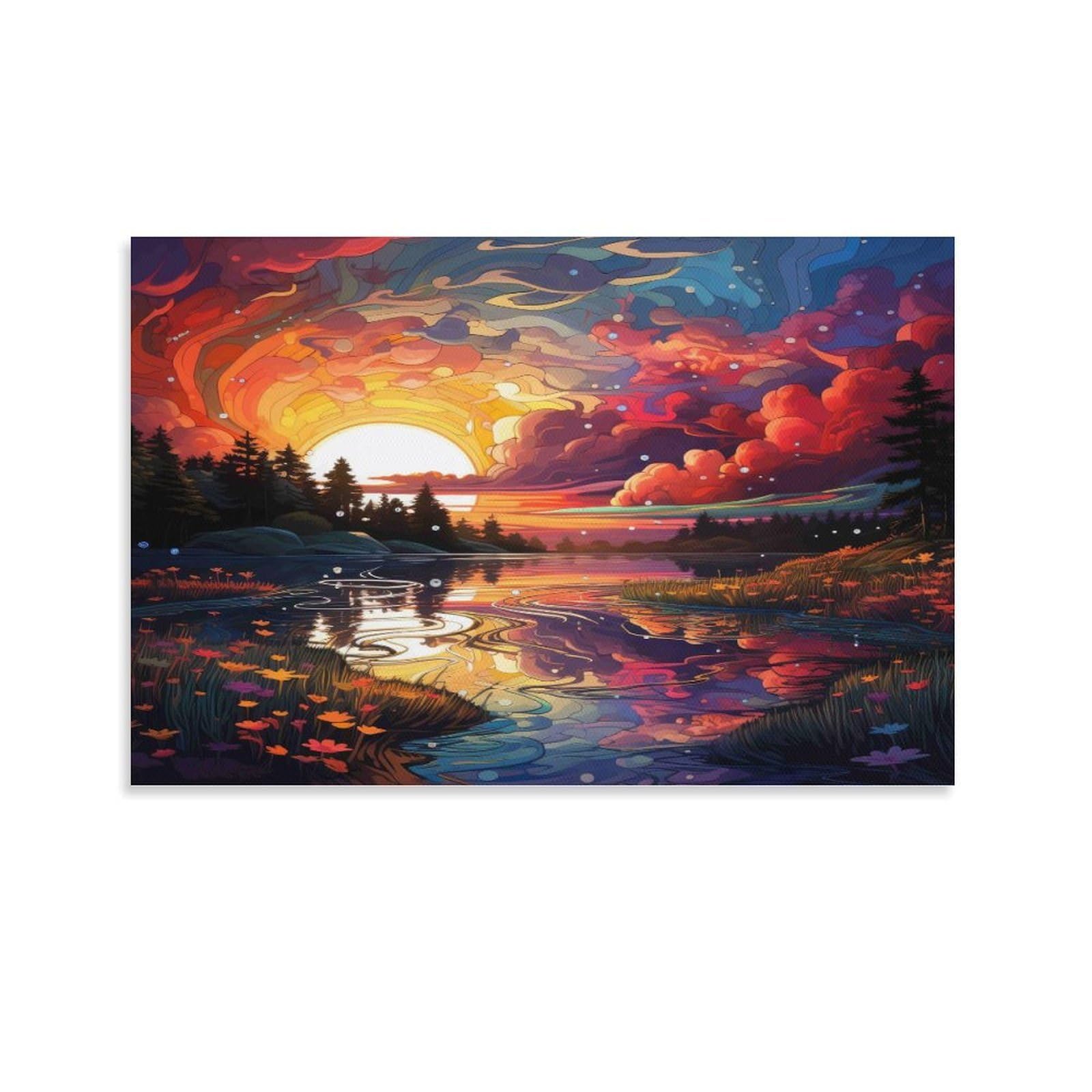 CPLVKWRQJ Surreal Sunset Lake Single Vibrant Sunset Lake Colorful Forest Landscape Canvas Wall Art - Gift for Her/Him Living Room Focal Point Ready to Hang Decor 20x30inch(50x75cm)