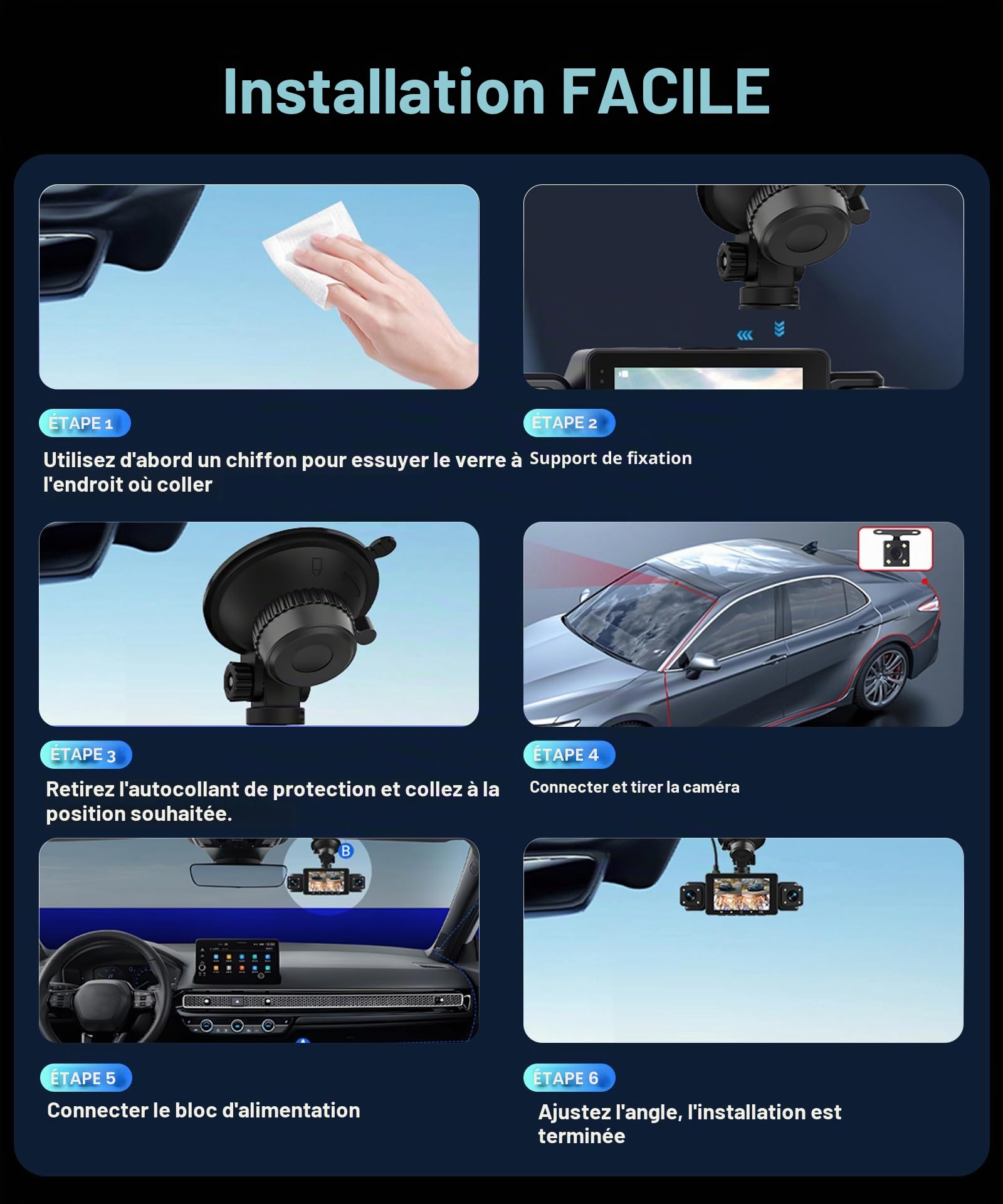 Caméra de Tableau de Bord 1080P Avant et arrière avec WiFi,4 caméras de Voiture avec écran IPS de 3",Vision Nocturne,capteur G,Enregistrement en Boucle, Protection à 360 degrés,avec Carte SD 64 Go