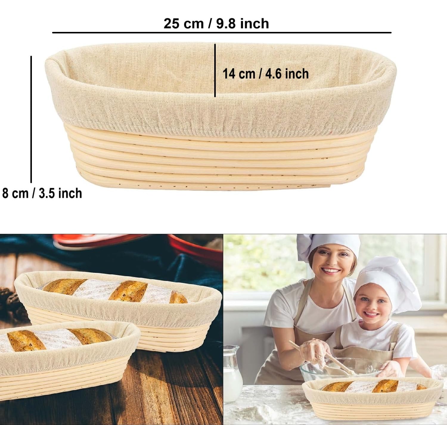 Set di 4 cestini ovali per lievitazione del pane, in rattan con fodera, 17 cm, ciotola fatta a mano per prodotti da forno artigianali
