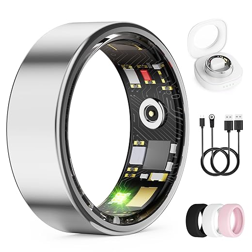 Smart Ring for Women & Men, Health Monitoring Ring with Heart Rate, Blood Oxygen,Blood Pressure, IP68 Waterproof Fitness Ring, Sleep Monitoring for iPhone and Android, No APP Fees (Silver, 9#)