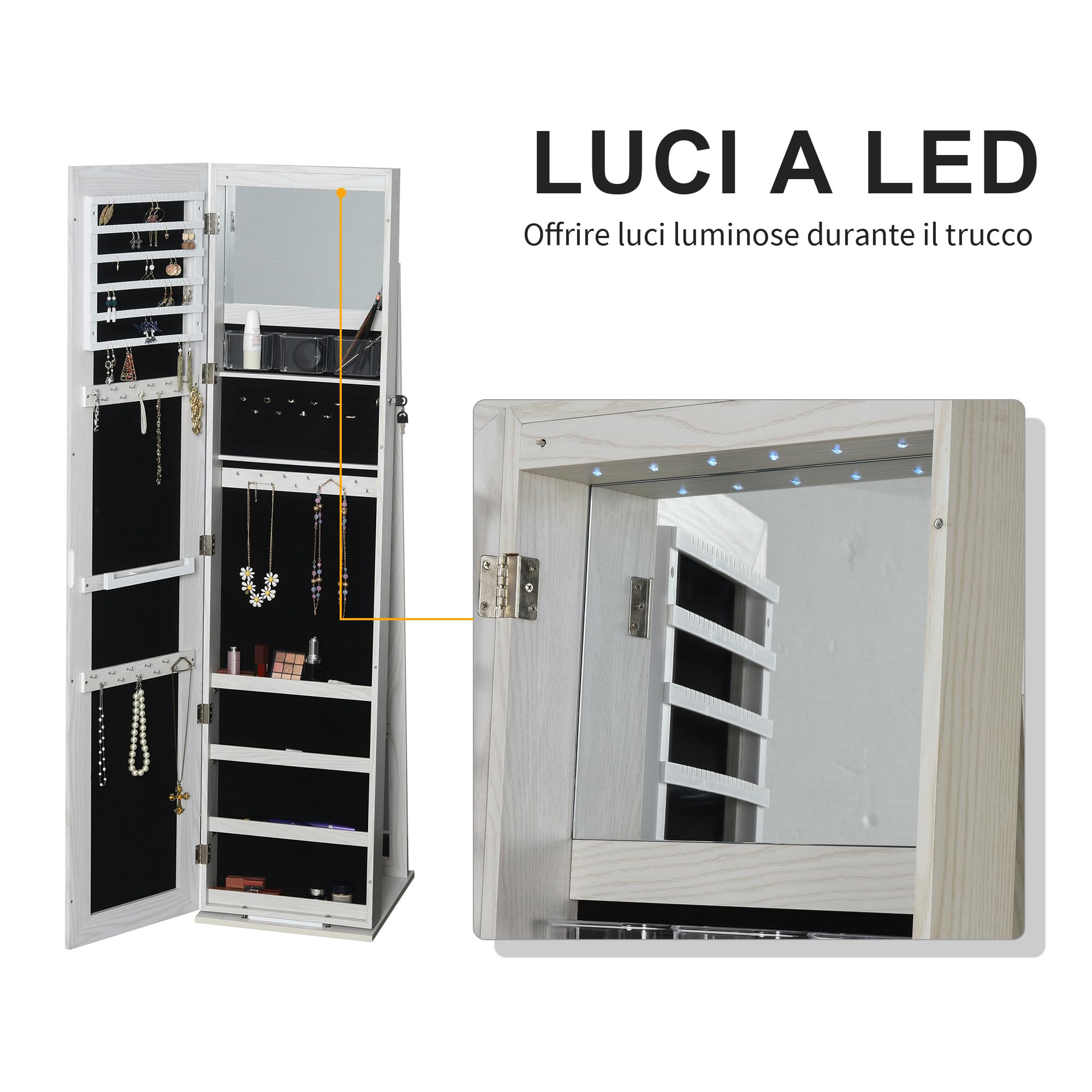 HOMCOM Specchio Portagioie a Illuminazione LED con 4 Scaffali Bianco