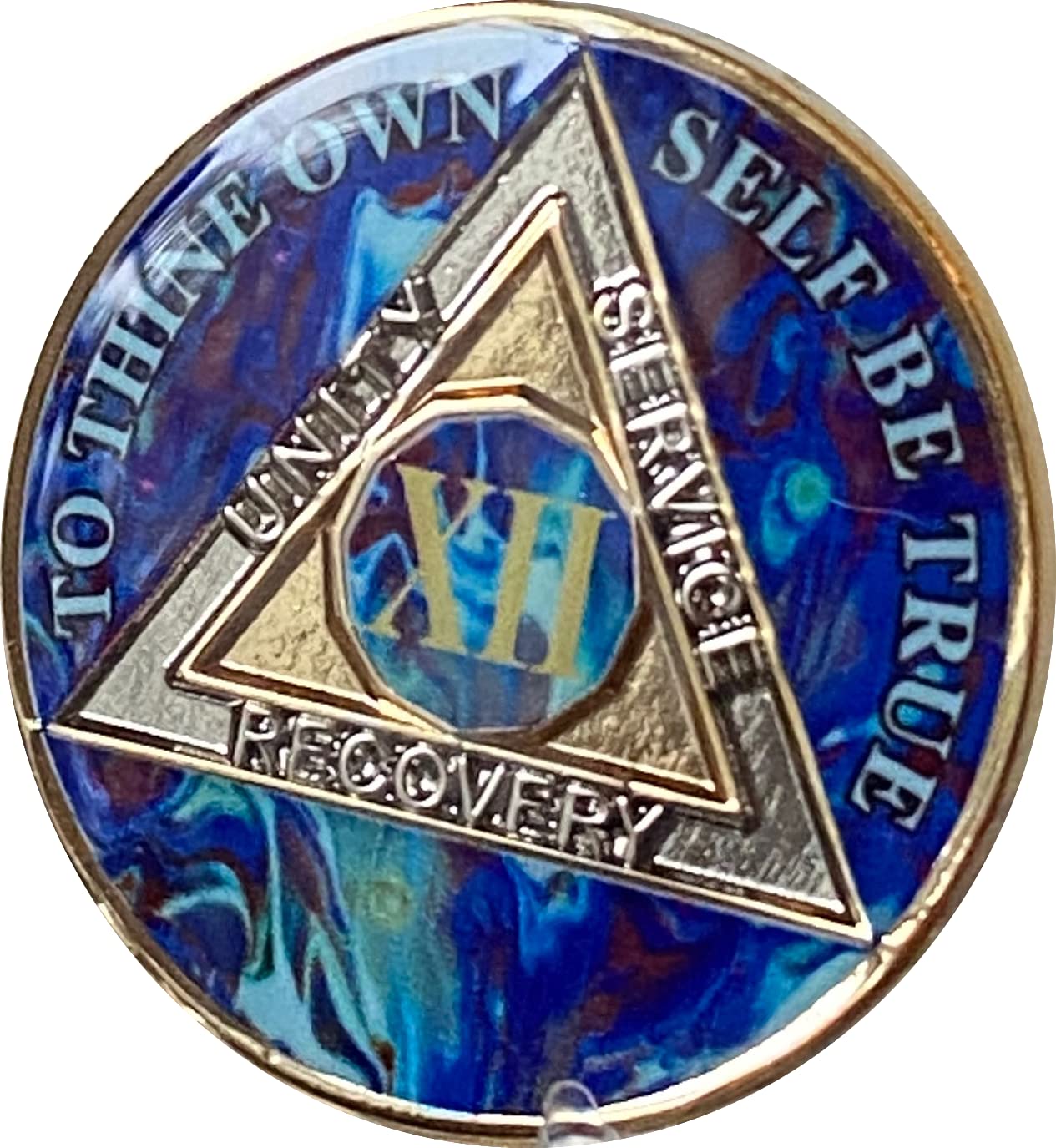 12 Year AA Medallion Sapphire Blue Swirl Tri-Plate Sobriety Chip
