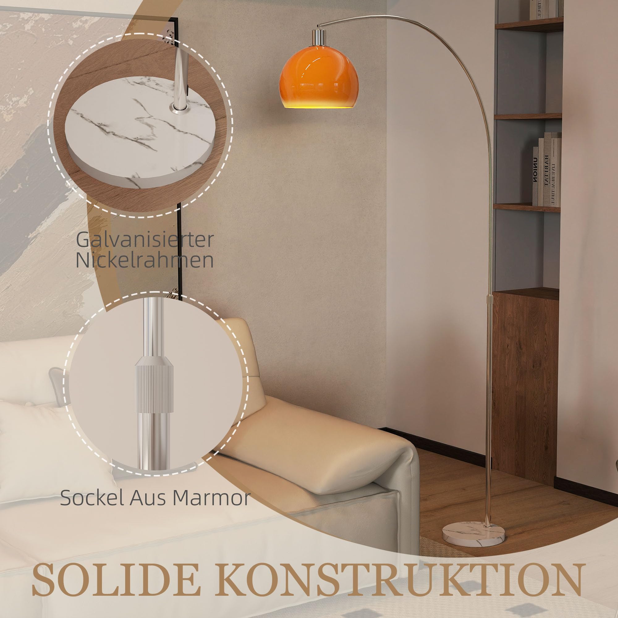 HOMCOM Stehlampe Wohnzimmer im Bogen Design mit Marmorsockel Stehleuchte mit Lampenschirm Fußschalter E27 Fassung, für Schlafzimmer Büro, exkl. Glühbirne