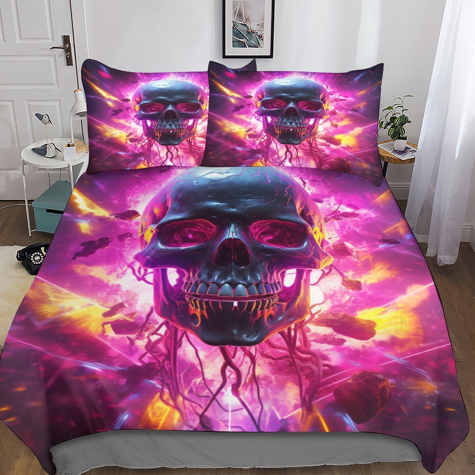 Housse de couette skulls 200x200cm avec taies d'oreiller en microfibre