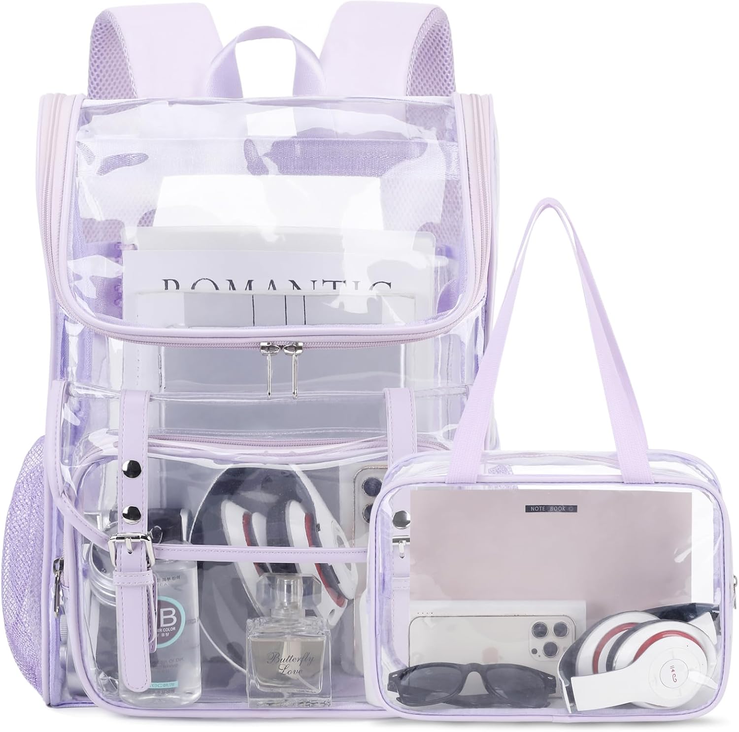 DIGOBAY Clear Backpack with Lunch Bag Set, Leather Clear Backpack Heavy Duty Thick PVC Bookbag Fashion See Through Transparent Backpacks with Support Pad for College Travel Work Purple