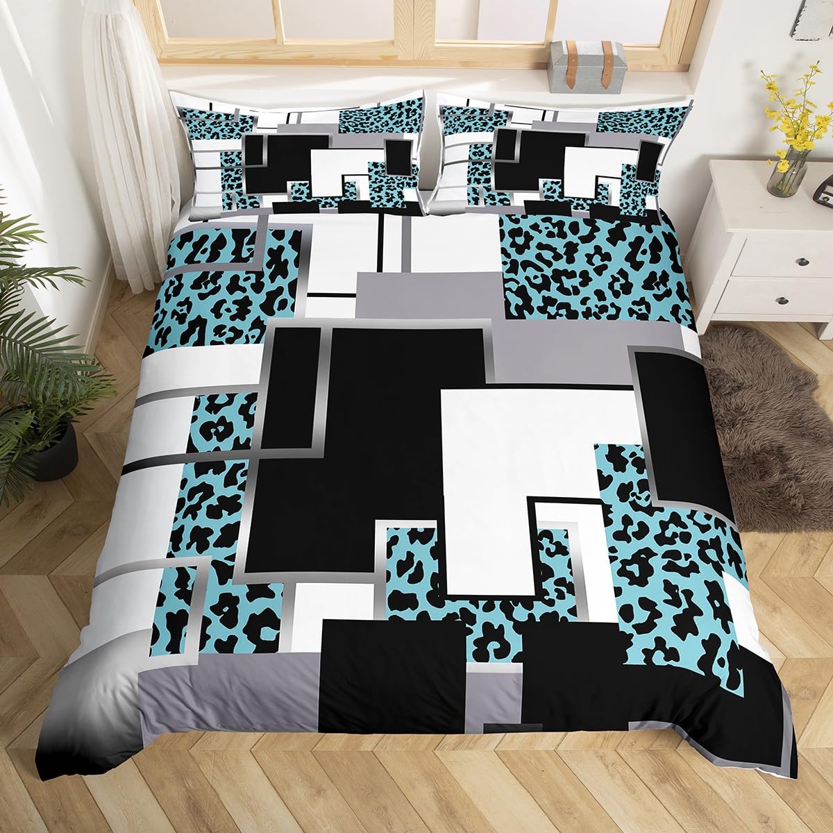 Teal Leopard Print Duvet Cover Single Black Silver Grey Abstract Geometric Bedding Set Check Leopard Print Comforter Cover For Kids Boys Girls Wildlife Animal Skin Girds Bed Set