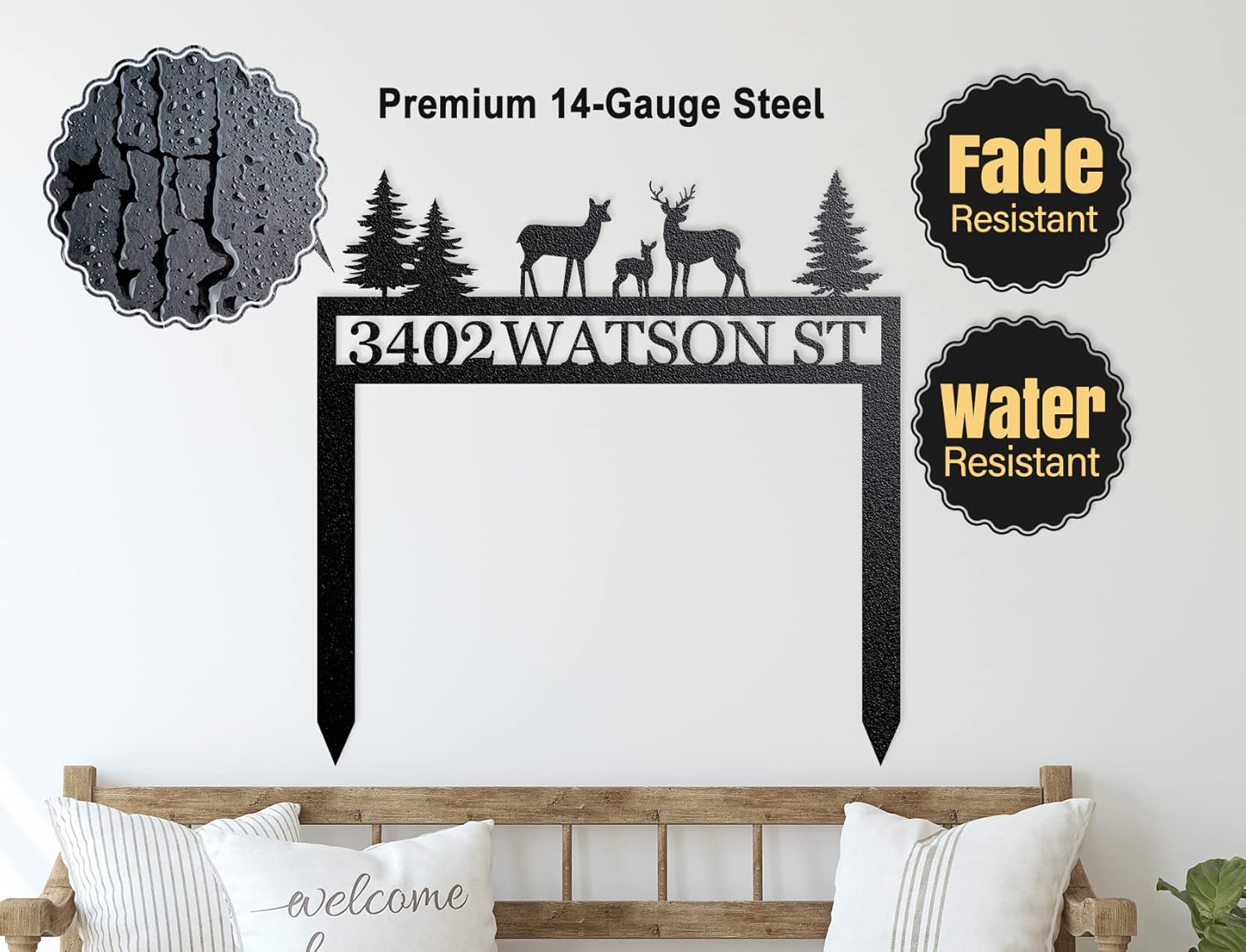 Personalized Metal Address Sign - Yard Display with Pine Trees, House Number Plaque and Stakes