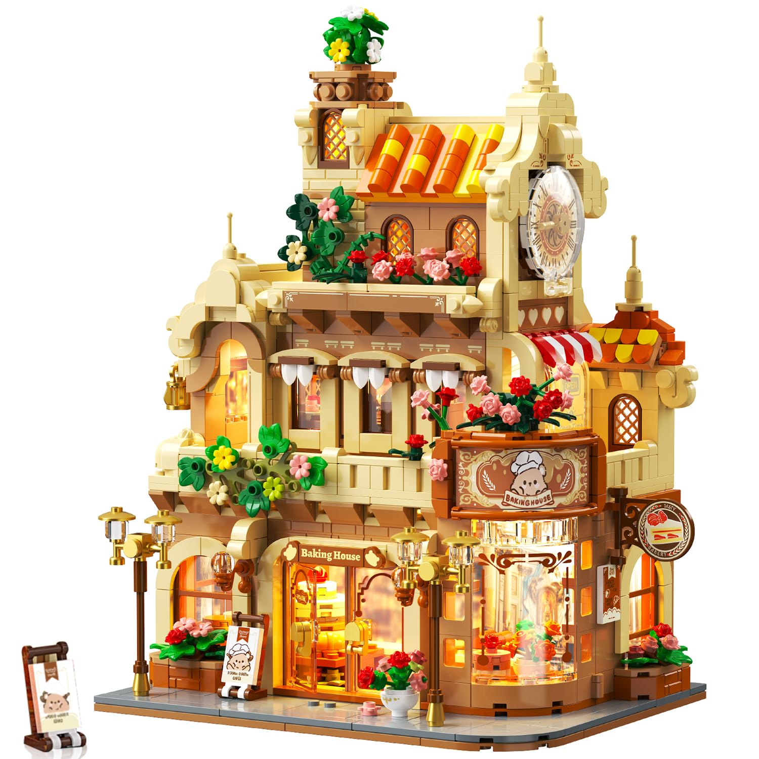 PLAXSOON City Panadería Cafetería Casa Kit de construcción con luz – 1289 piezas Backshop Baublock Juguetes con café, pasteles y pan – Pastelería Modelo de construcción para adultos, adolescentes y
