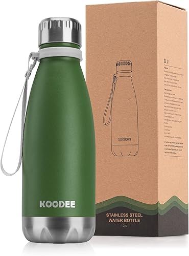 Koodee Botella de agua de acero inoxidable de 12 onzas con aislamiento al vacío para la escuela, botellas de agua deportivas de metal en forma de