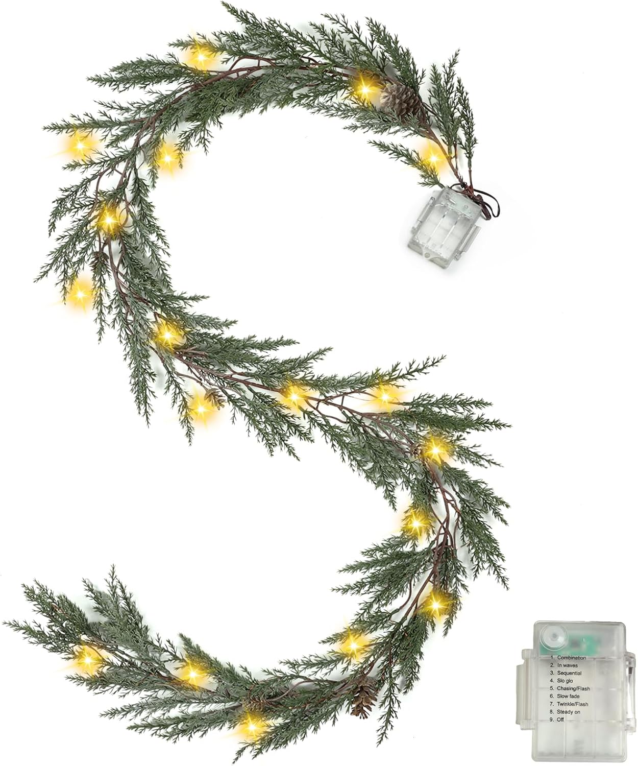 6 Ft Christmas Garland with Lights, 30 Warm Lights with 8 Light Modes,Prelit Christmas Garland with Pine Cones,Lighted Christmas Garland, Ceadr Garlands Realistic?Outdoor Garland with Lights Green
