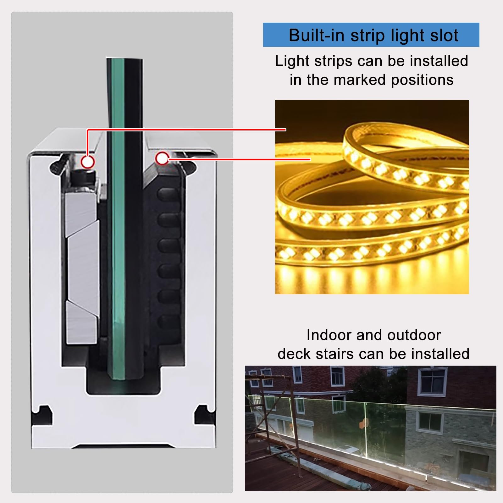 balaustra vetro Morsetto per rubinetto in vetro con fessure, binari per ringhiera in vetro per pannelli in vetro/plastica PVC/legno da 12-20 mm, staffe per parapetti in vetro per terrazza/patio/hotel(