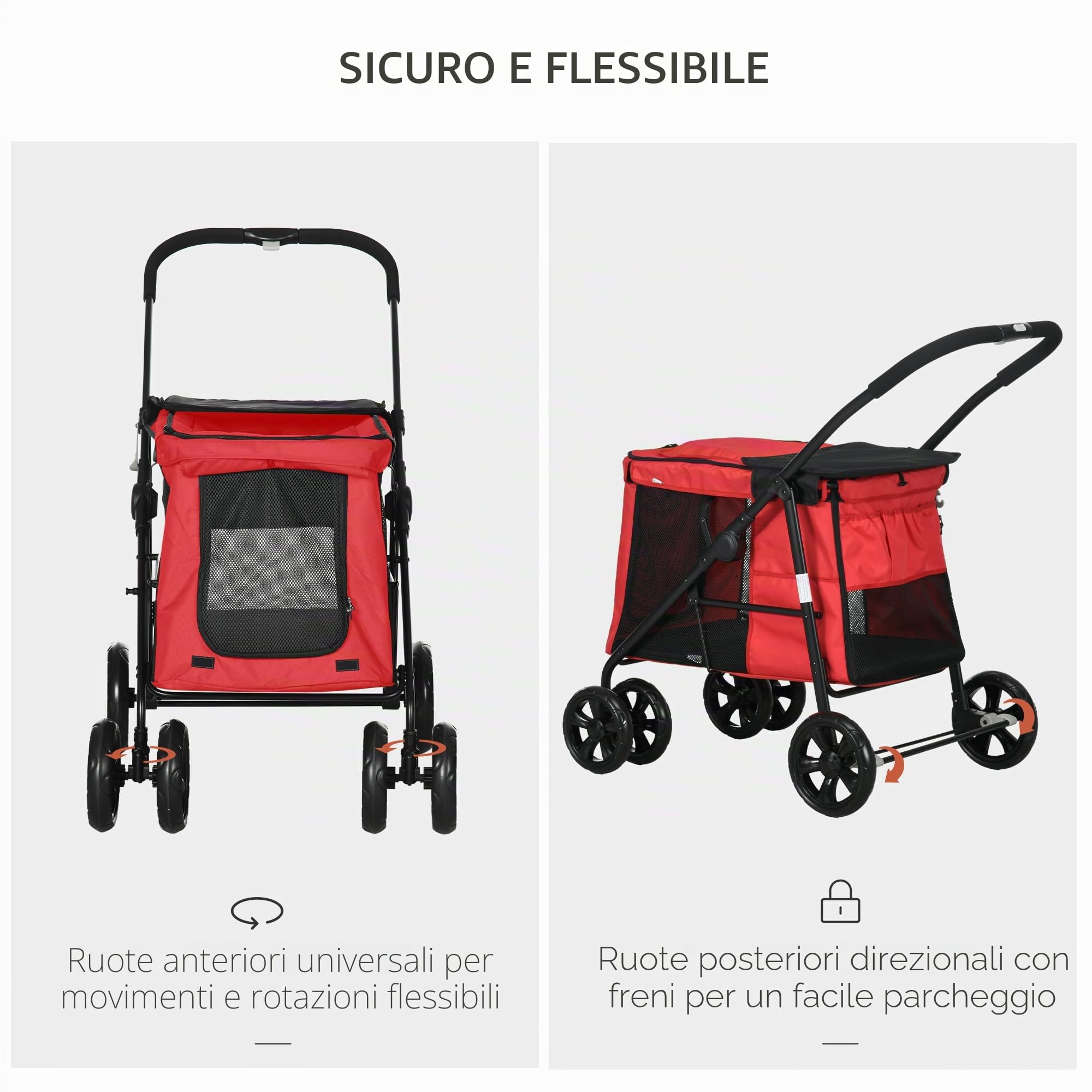 PawHut Carrozzina pieghevole per cani gatti cuscino incluso ruote con freno tessuto 600D Oxford acciaio 102 x 62 x 105 cm rosso