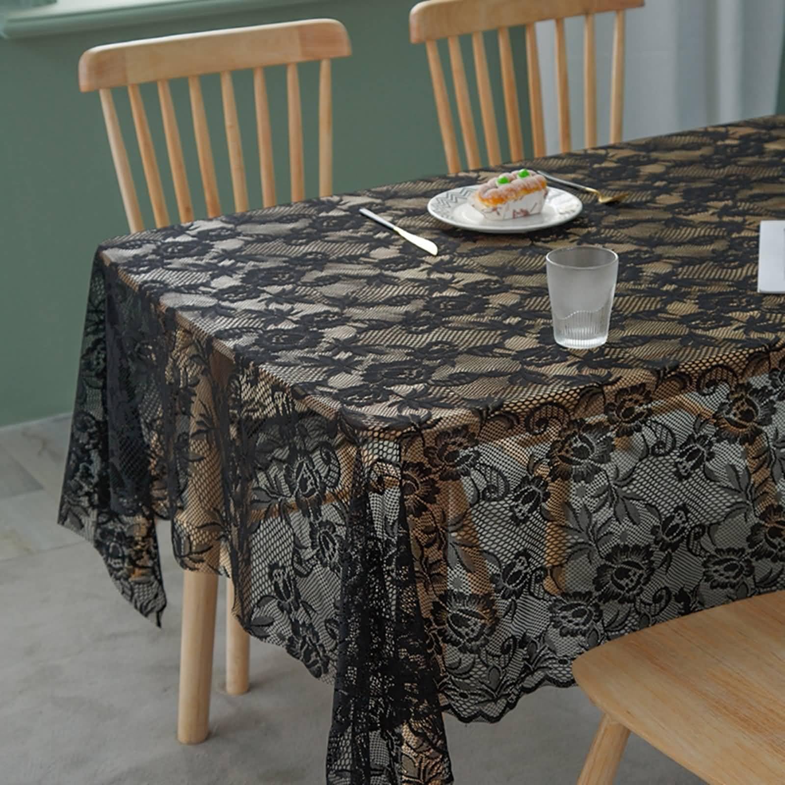 Mesnt Fabric Tablecloths, Black Lace Table Cover with Floral Pattern for Kitchen and Dining Room | 150x230cm