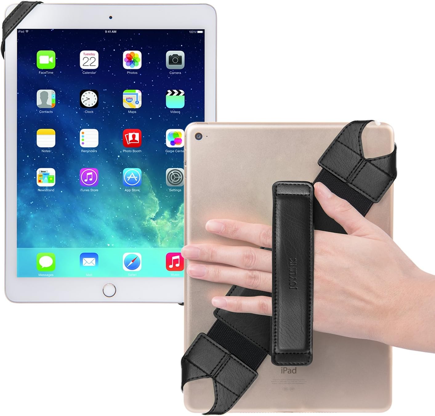 Universal Tablet Hand Holder Strap, 360 Degrees Swivel Leather Handheld Grip with Elastic Belt, Secure & Portable for 10.1" Tablets (Samsung Asus iPad etc), Black