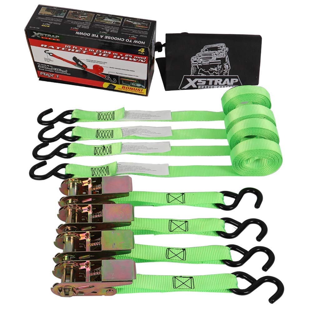 XSTRAP Ratchet Tie Down Straps - 4 Pk - 10 Ft - 300 Lbs Load Cap 900 Lbs Break Strength-Cargo Straps for Moving Appliances/Lawn Equipment/Kayak/Motorcycle (Neon Green Or Blue Random Delivery)
