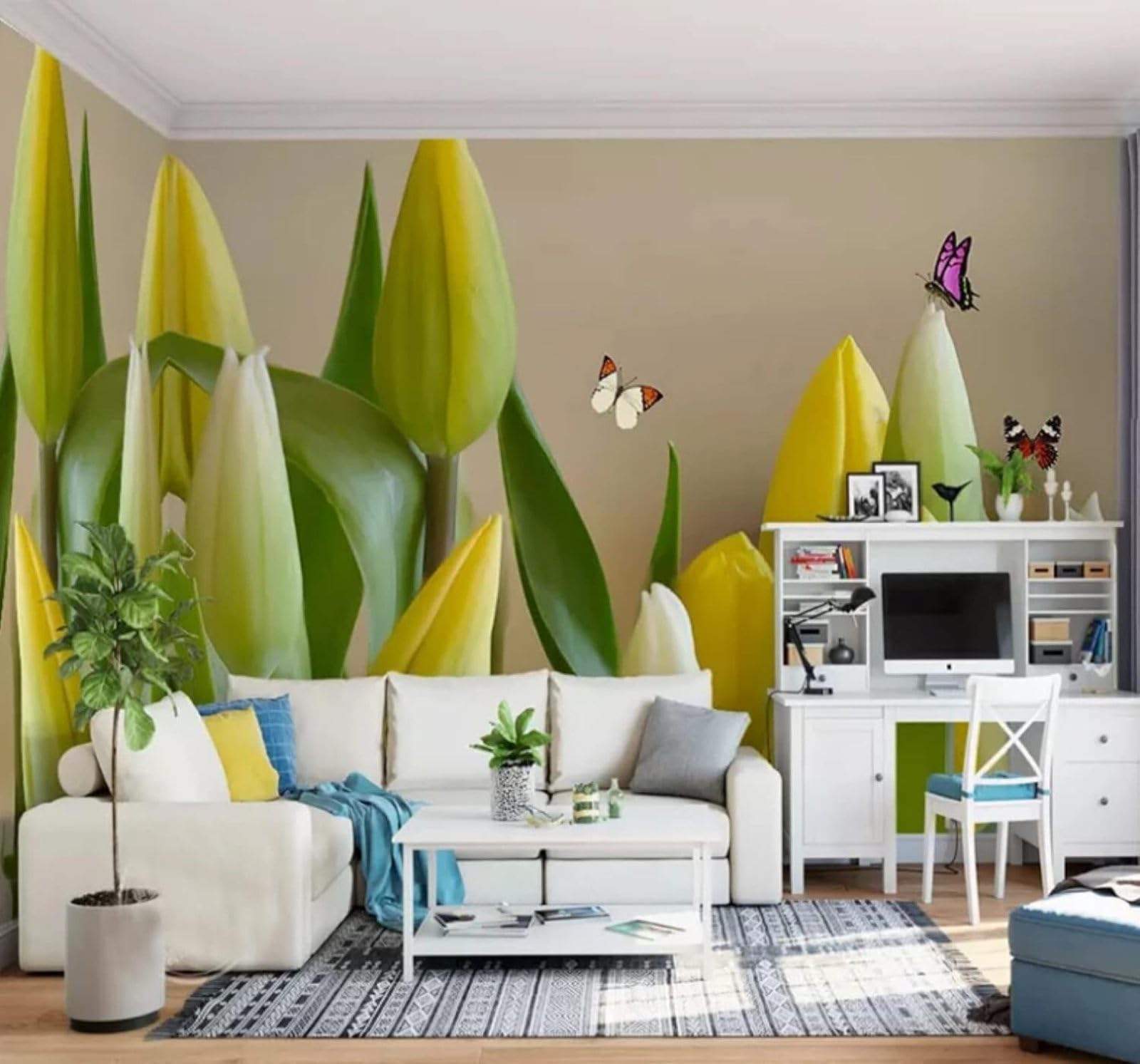 XLMING Fresh Three Dimensional Beautiful Tulips Butterflies 3D Wallpaper Luxury Home Dining Decor Paste Sofa Living Room The Wall for Bedroom Mural-430cm×300cm
