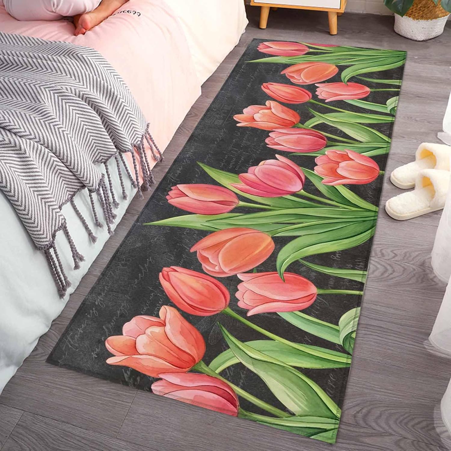 Teamery Kitchen Mats for Floor Spring Tulips Pastoral Floral Washable Non Slip Kitchen Rugs 1PCS, Green Botanical on Black Absorbent Standing Mats for Sink Bathroom Office Living Room 23.6x70.9in