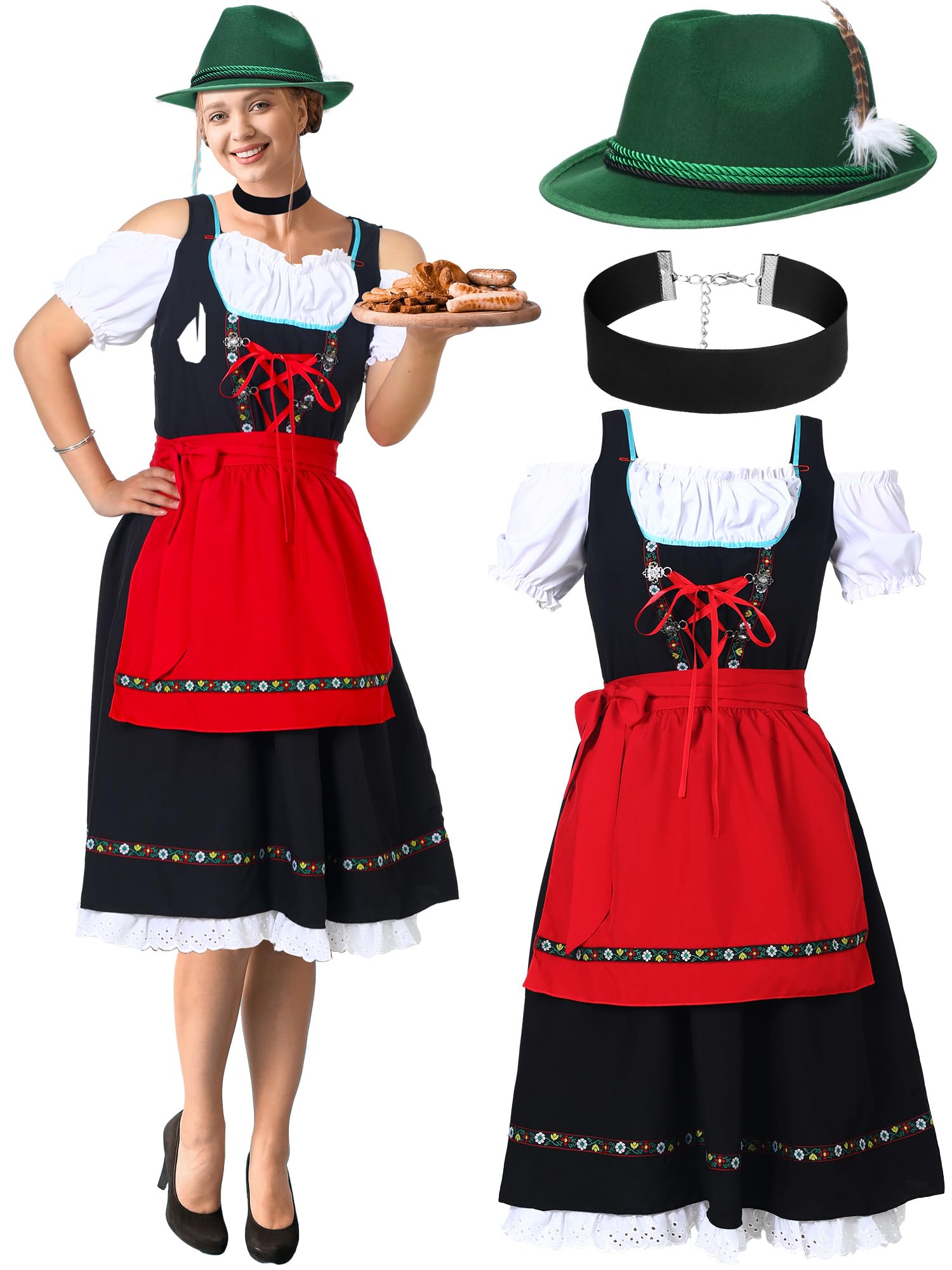 Jeyiour 3pcs Oktoberfest Costumes Women German Dirndl Dress Traditional Costumes with Necklace Hat for Oktoberfest Halloween (Large)