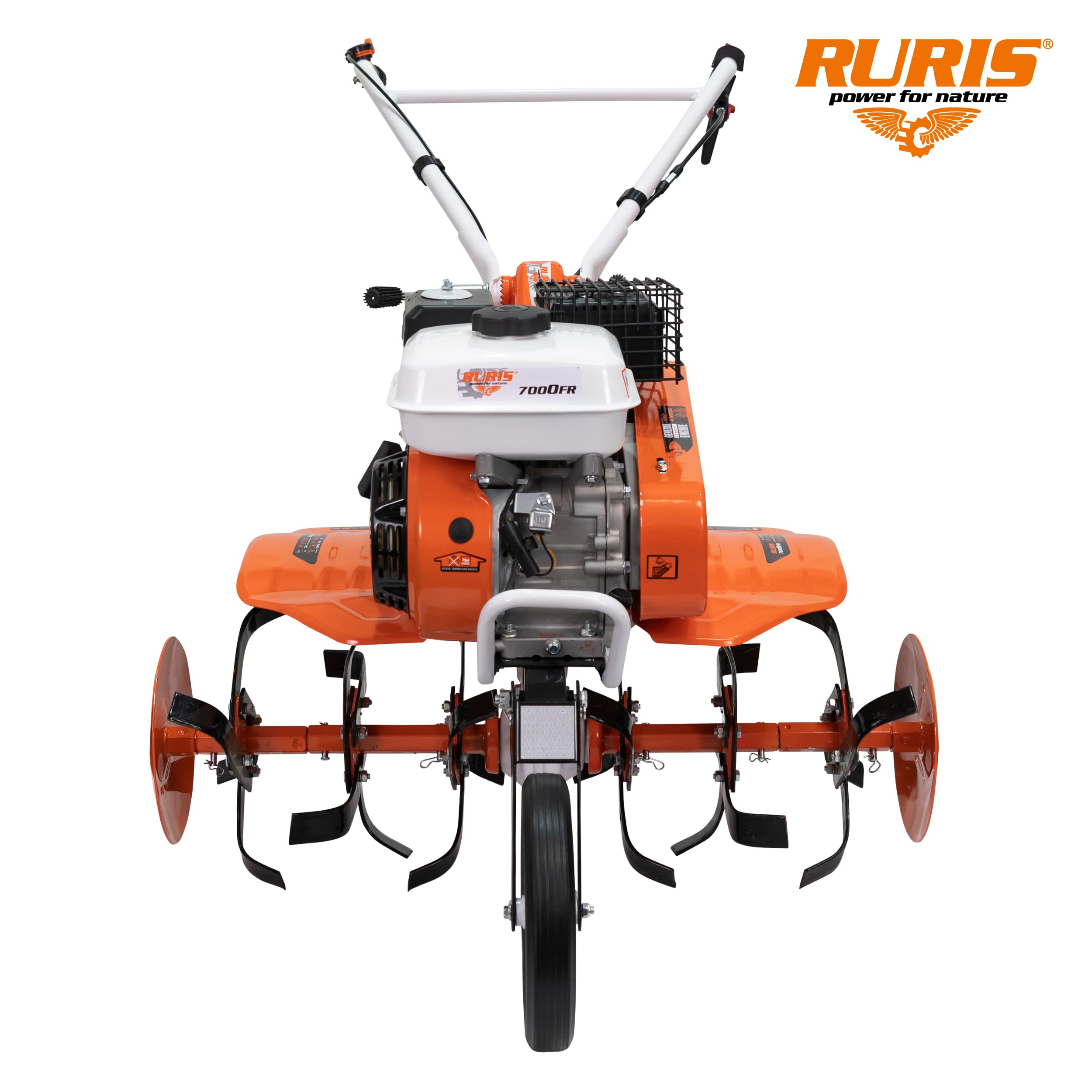RURIS POWER FOR NATURE Motobineuse 7000fr, 7 CV, 24 Fraises, Largeur de Travaille 560-830mm, guidons Ajustable + Butteur + Lot Contrepoids 10kg, Orange