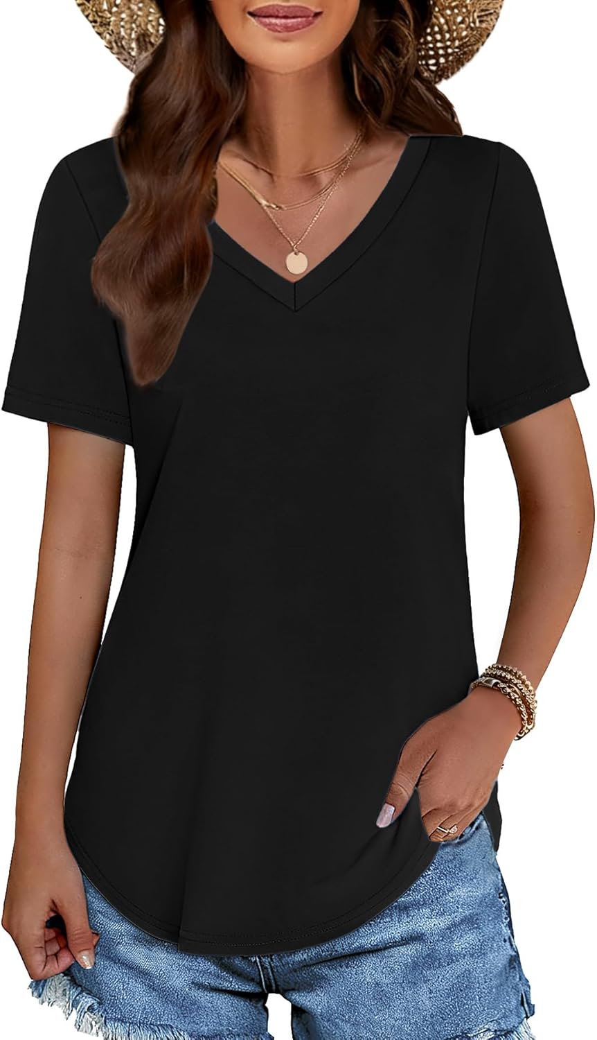 Womens T Shirts V Neck Short Sleeve Cotton Tops Summer Curved Hem Trendy Basic Tee Shirt S-XXL - Image 4