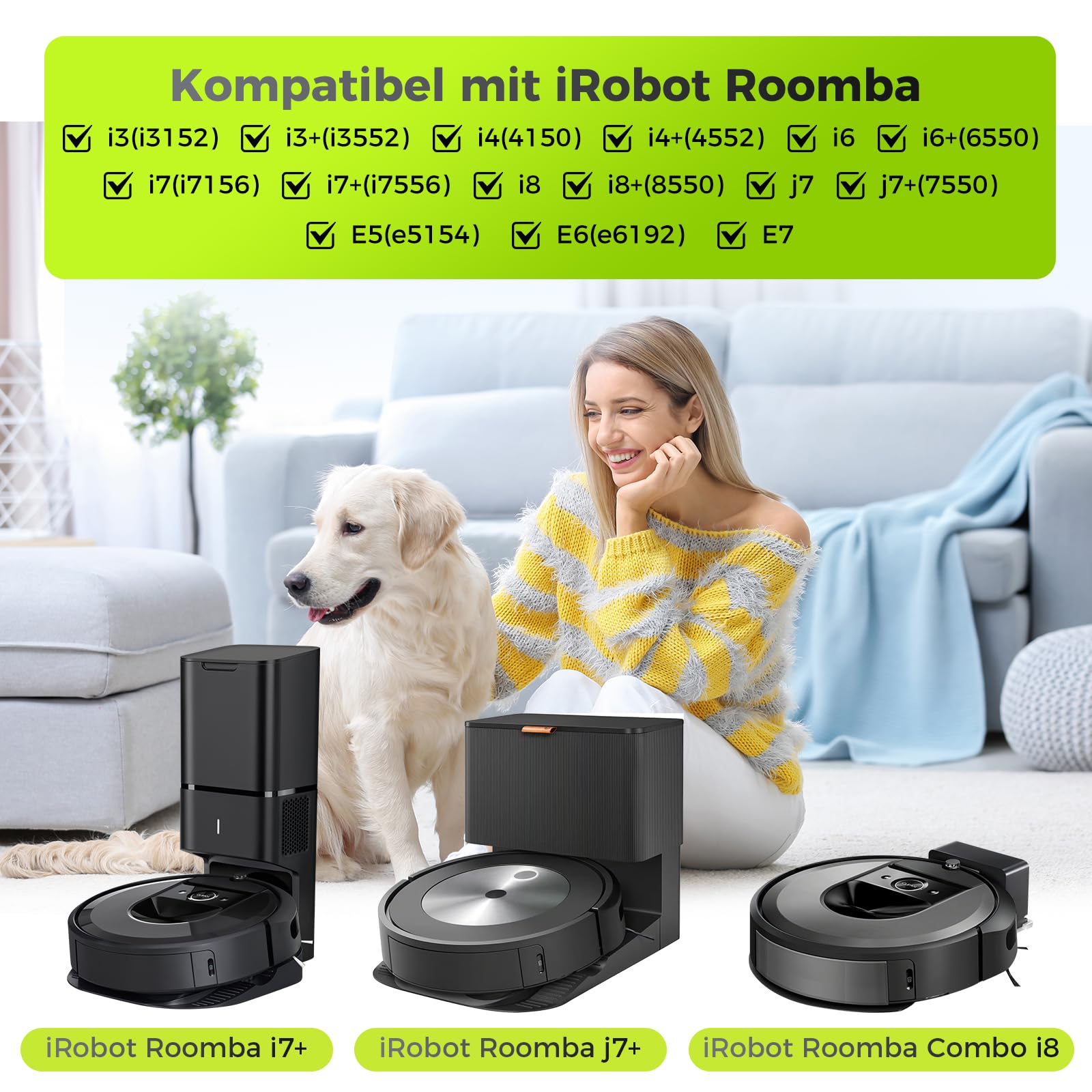 22 Stück Zubehör für iRobot Roomba i7 i7+ i3 i3+ i4 i4+ i6 i6+ i8 i8+ j7 j7+ E5 E6 E7 Saugroboter | Kompatibles Ersatzteile Set mit 4X Hauptbürsten, 8 Filtern, 8 Seitenbürsten